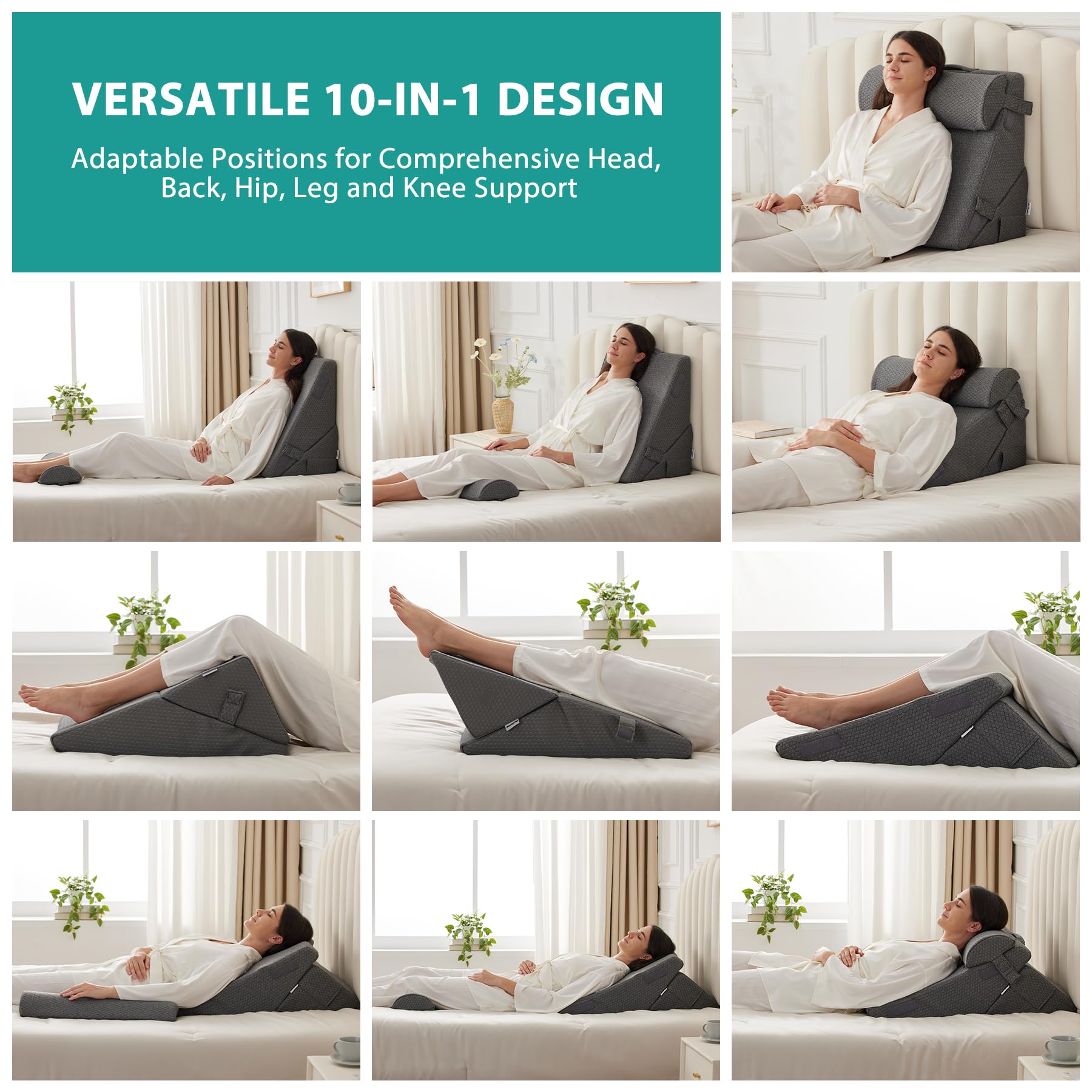 Bedluxe 3Pcs Orthopedic Bed Wedge Pillow Set, Foam Wedge Pillow Post Surgery for Back, Leg and Knee Support, Adjustable 9&12 Inch Folding Triangle Pillow for Sleeping, Acid Reflux, Snoring, Dark Grey