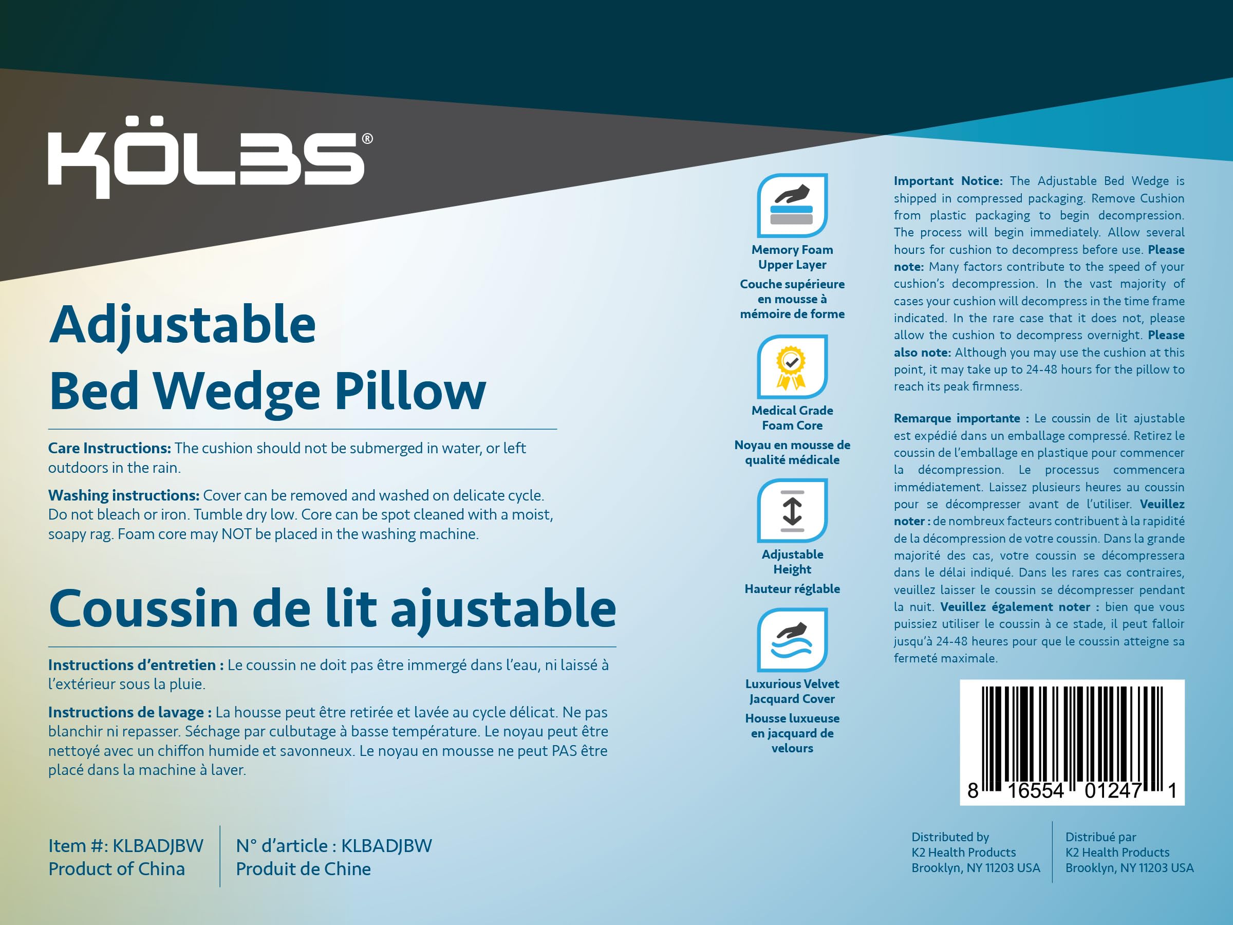 Kolbs Memory Foam Adjustable Bed Wedge Pillow - Wedge Pillow Set for After Surgery - 9 and 12 inch Height Plush Velvet Cover Multi Use for Sleeping and Acid Reflux (Adjustable Height)