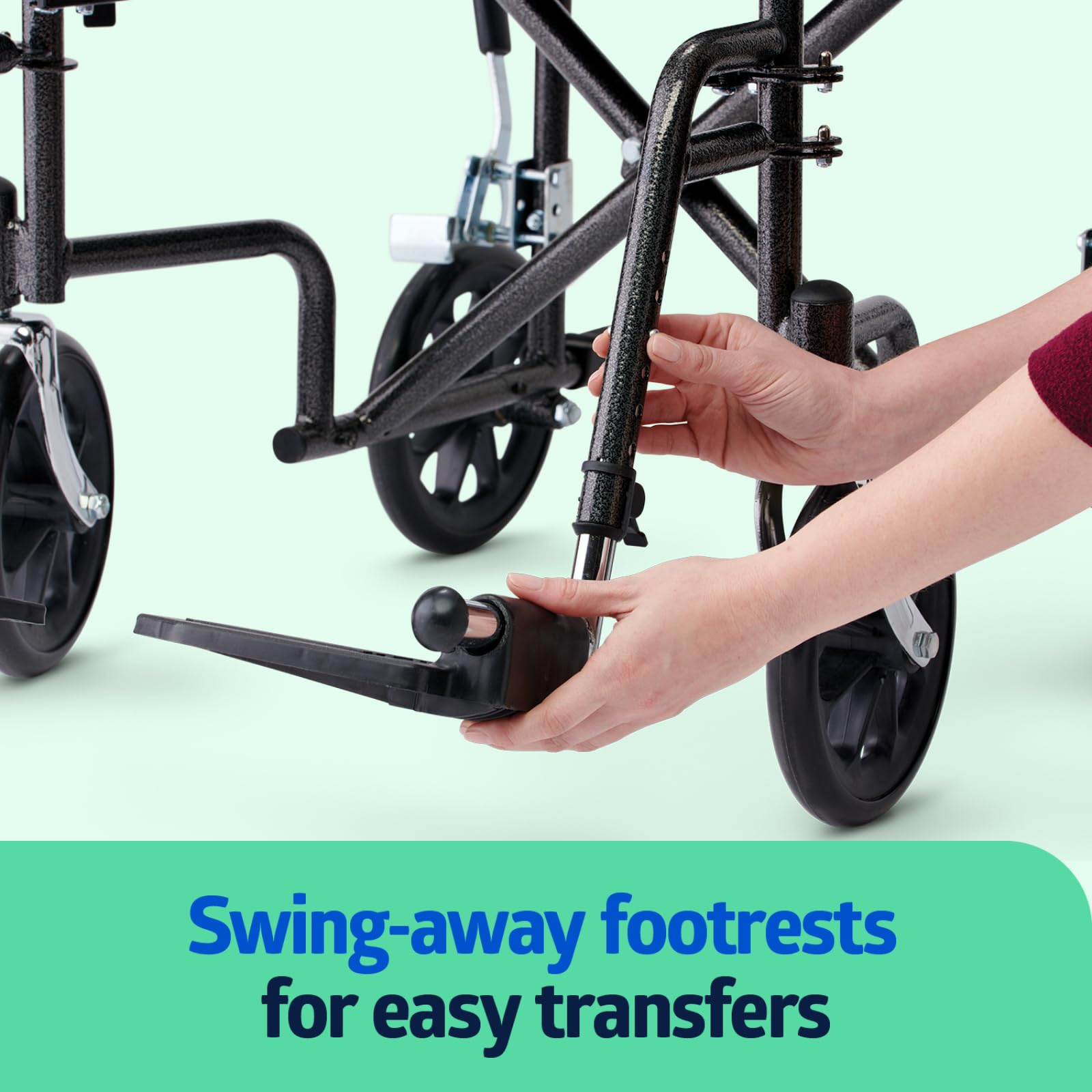 Medline Durable Folding Steel Transport Wheelchair with Swing-Away Footrests, 19-Inch Seat Width, Black Frame, Black Upholstery