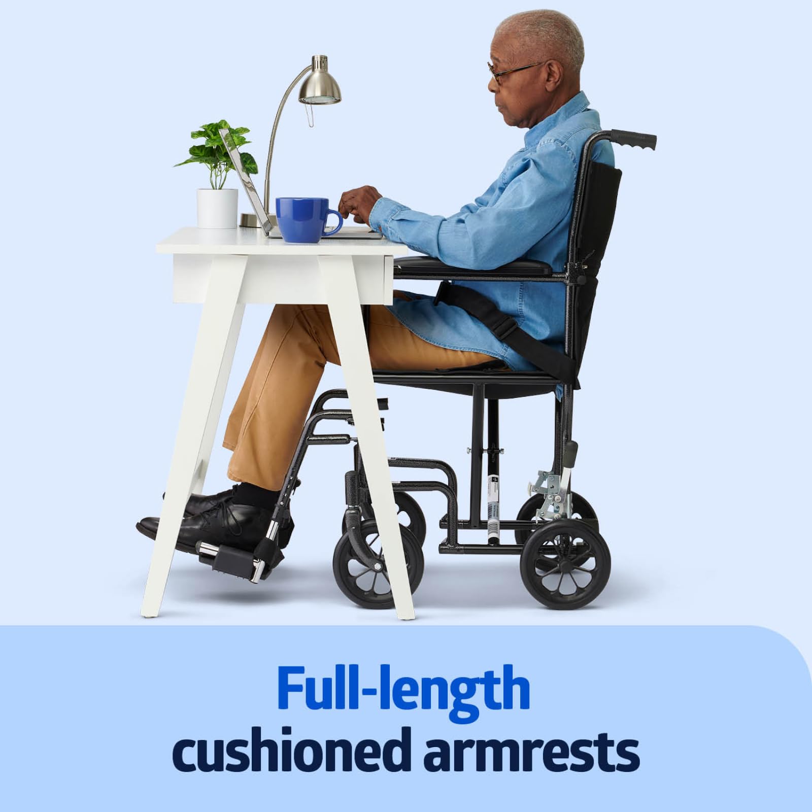 Medline Durable Folding Steel Transport Wheelchair with Swing-Away Footrests, 19-Inch Seat Width, Black Frame, Black Upholstery