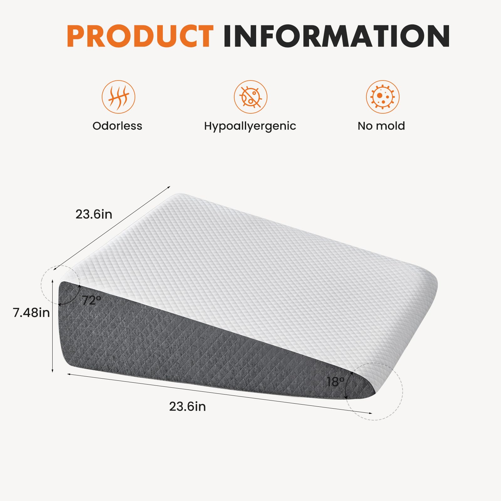 Sweetcrispy Wedge Pillow, Body Pillow for Sleep Apnea, Neck Pain Relief, Post Surgery, Sleeping Comfort, Acid Reflux, Heartburn, Back Pain Relief and Snoring, 7.5Inch White& Grey