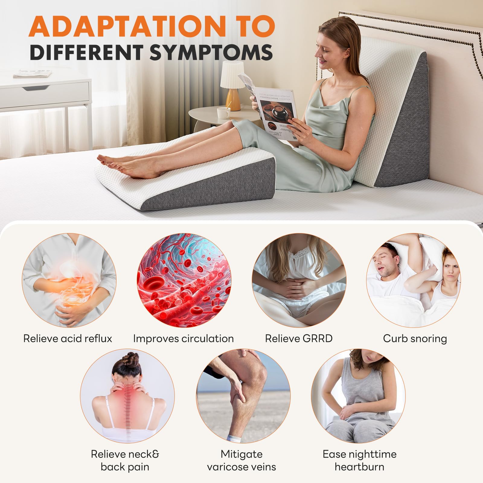 Sweetcrispy Wedge Pillow, Body Pillow for Sleep Apnea, Neck Pain Relief, Post Surgery, Sleeping Comfort, Acid Reflux, Heartburn, Back Pain Relief and Snoring, 7.5Inch White& Grey