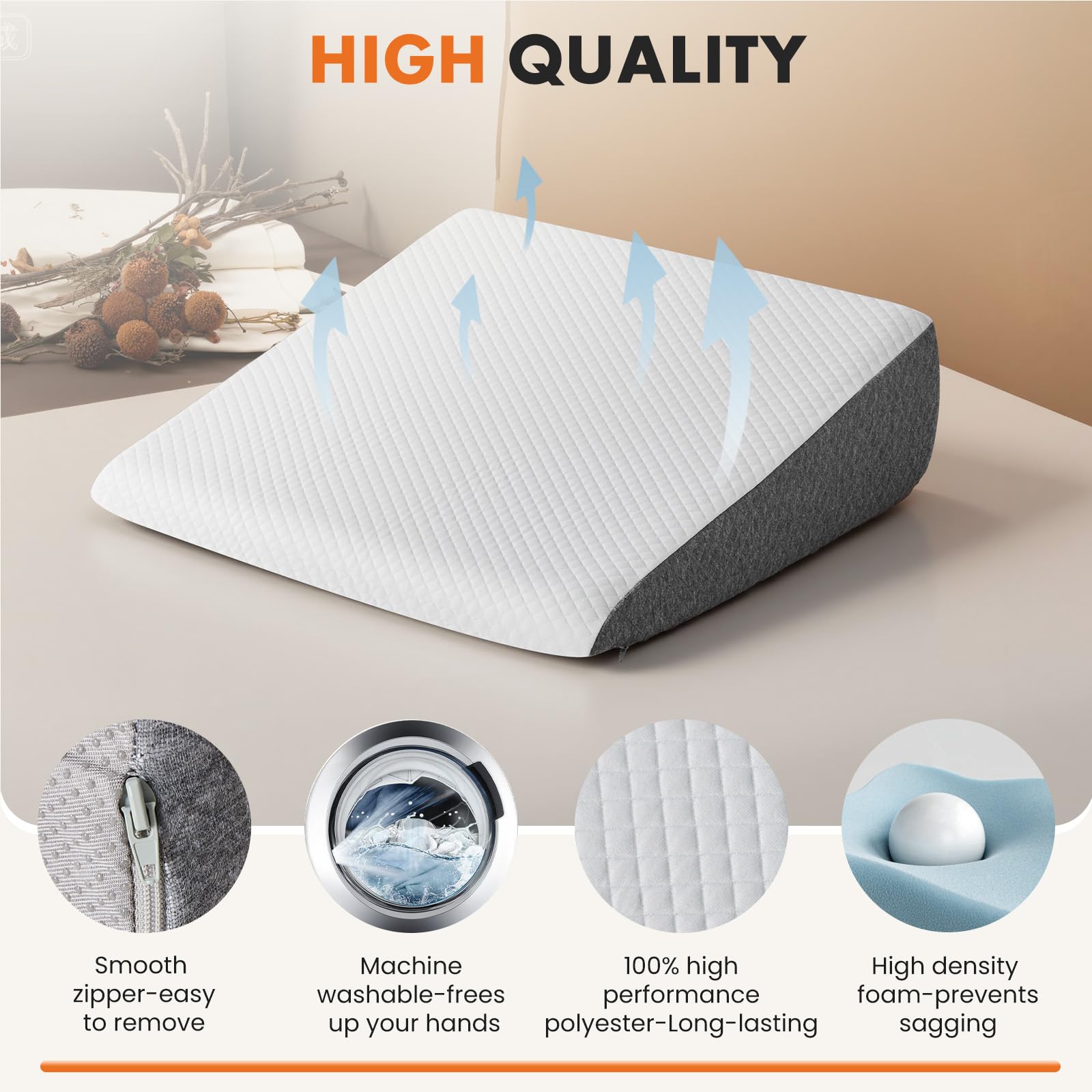 Sweetcrispy Wedge Pillow, Body Pillow for Sleep Apnea, Neck Pain Relief, Post Surgery, Sleeping Comfort, Acid Reflux, Heartburn, Back Pain Relief and Snoring, 7.5Inch White& Grey