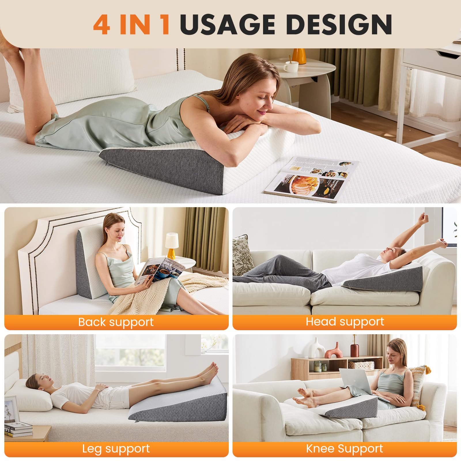 Sweetcrispy Wedge Pillow, Body Pillow for Sleep Apnea, Neck Pain Relief, Post Surgery, Sleeping Comfort, Acid Reflux, Heartburn, Back Pain Relief and Snoring, 7.5Inch White& Grey