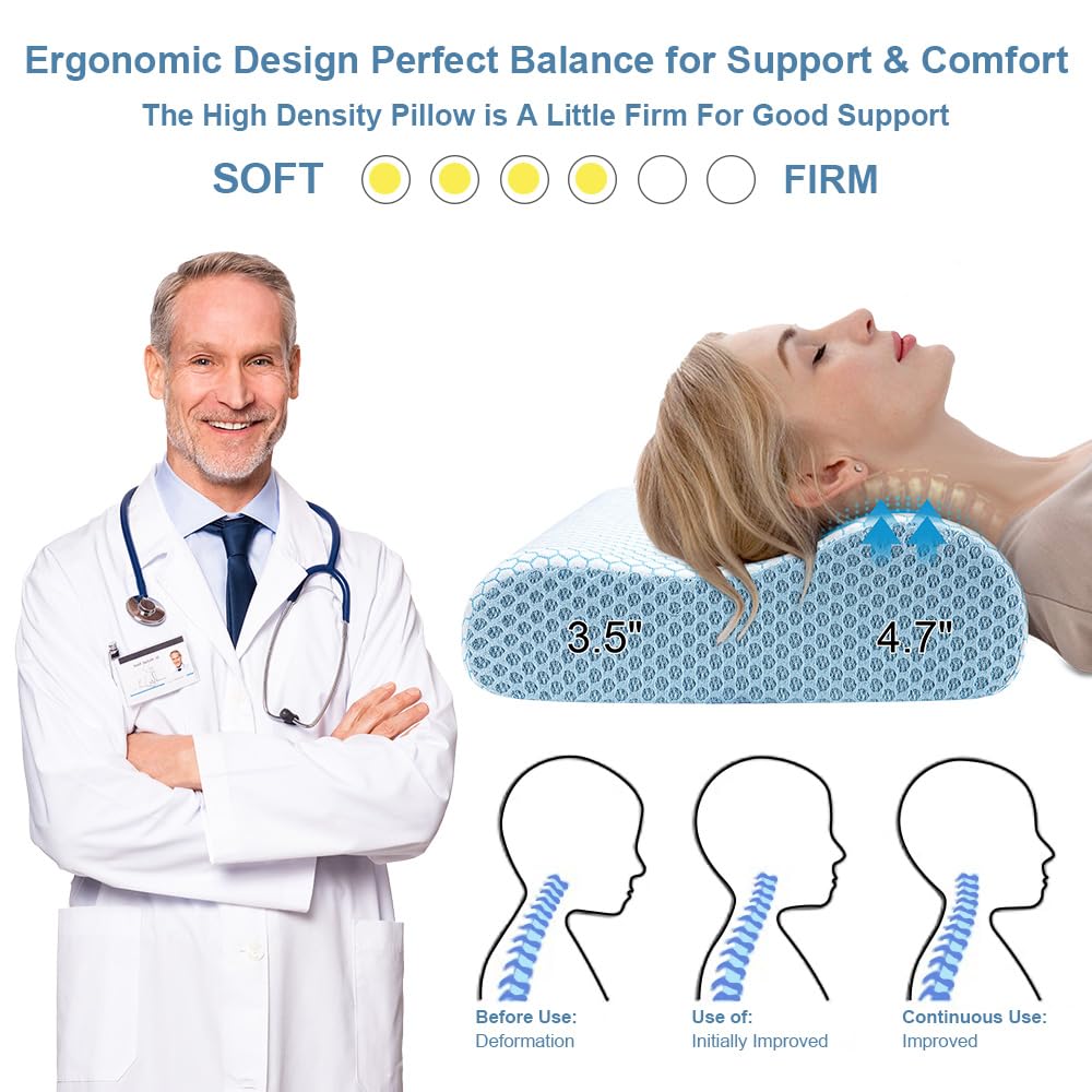 Anvo Memory Foam Pillow, Neck Contour Cervical Orthopedic Bed Pillow for Sleeping Side Back Stomach Sleeper, Ergonomic Design for Neck and Shoulder Pain Relief, Blue White, Firm