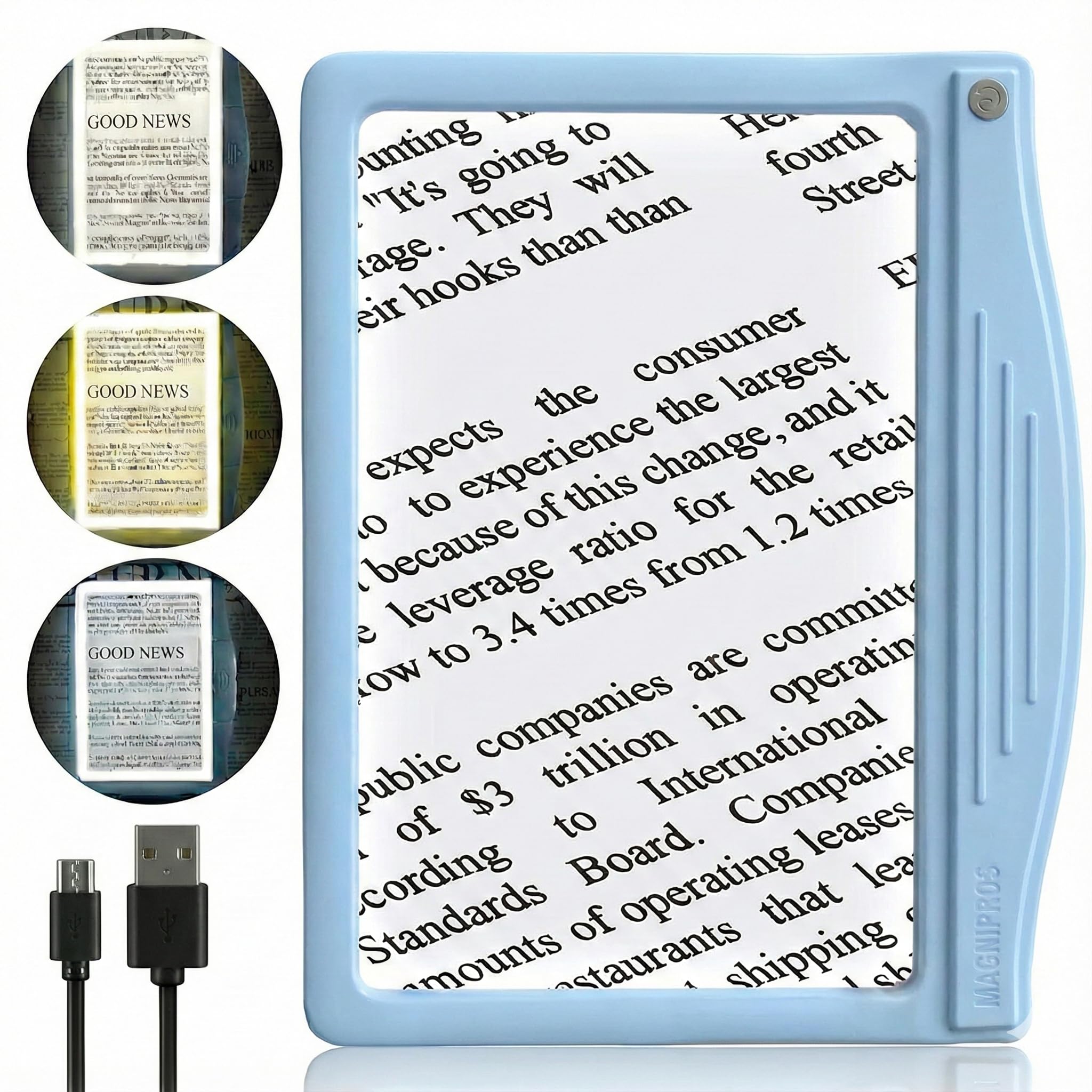 MagniPros 5X Rechargeable Large Ultra Bright LED Page Magnifier with Anti-Glare Lens & 3 Color Light Modes, Relieve Eye Strain- Ideal for Reading Small Prints, Low Vision, Seniors
