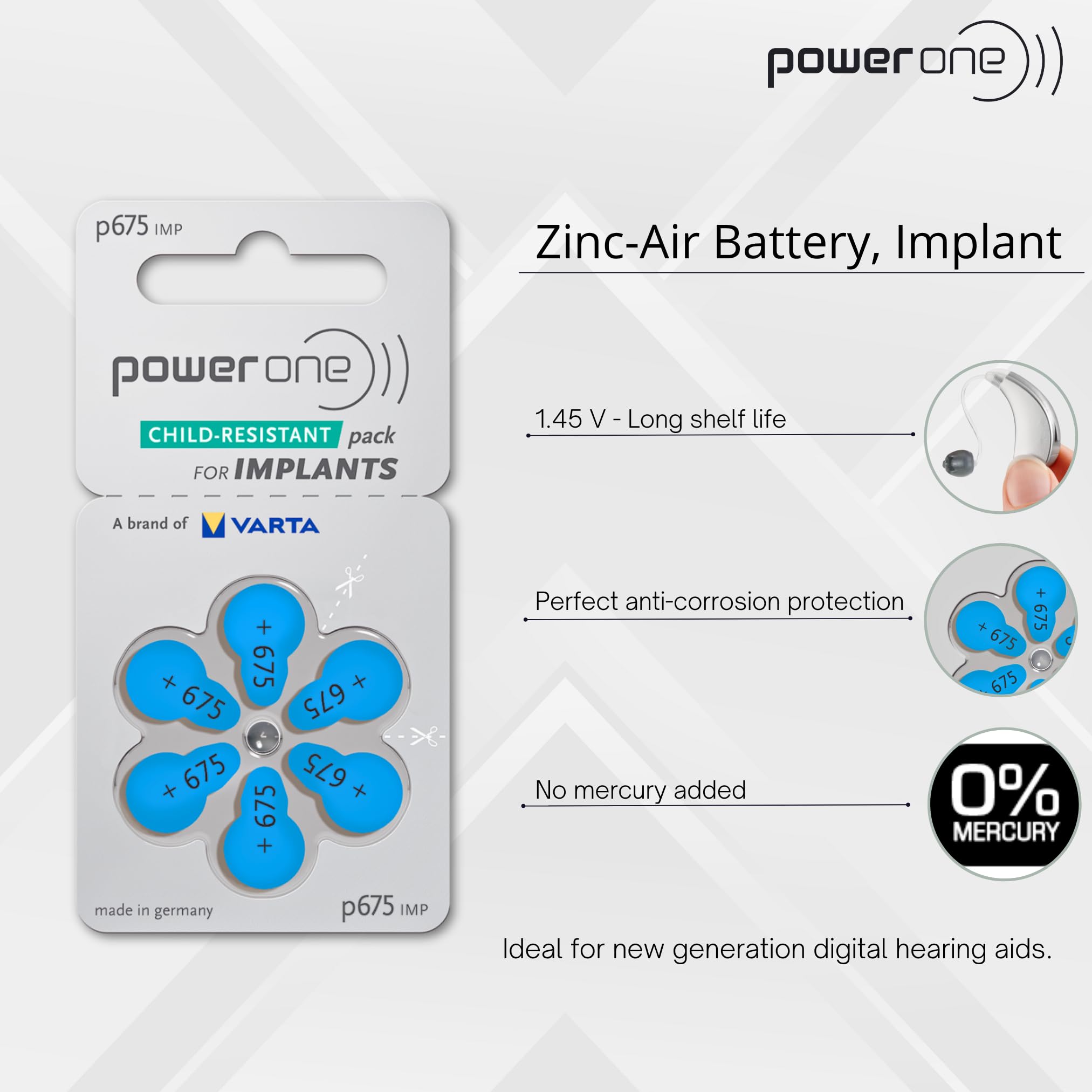 60 Mercury Free Hearing Aid Batteries Size: 675P Cochlear Implant by Power One