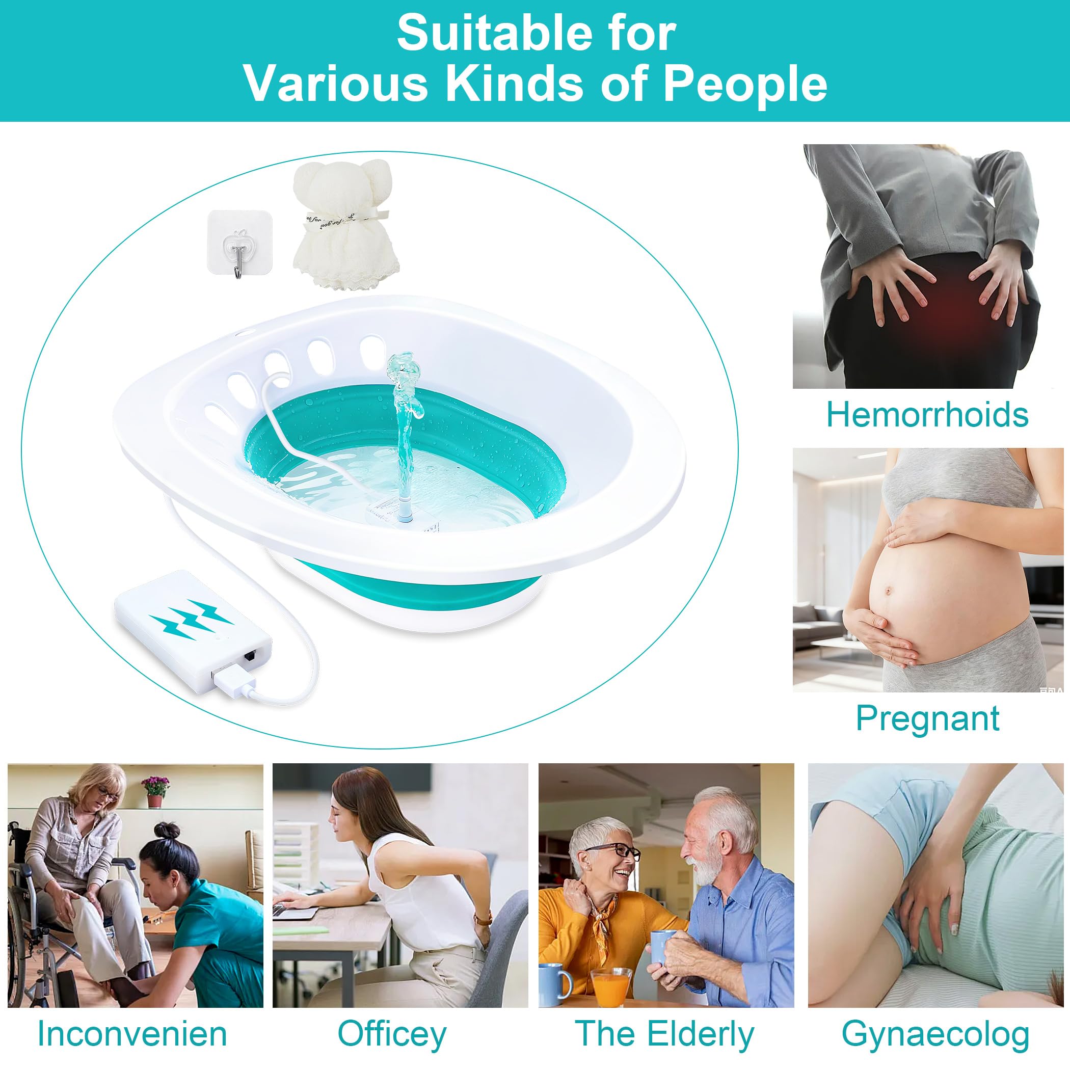 Electric Sitz Bath, Sitz Bath for Hemorrhoids, Sitz Bath for Toilet Seat, Sitz Bath for Postpartum Care, Sits Bath Kit for Women, Automatic Flushing, Foldable, Fits Universal Toilet