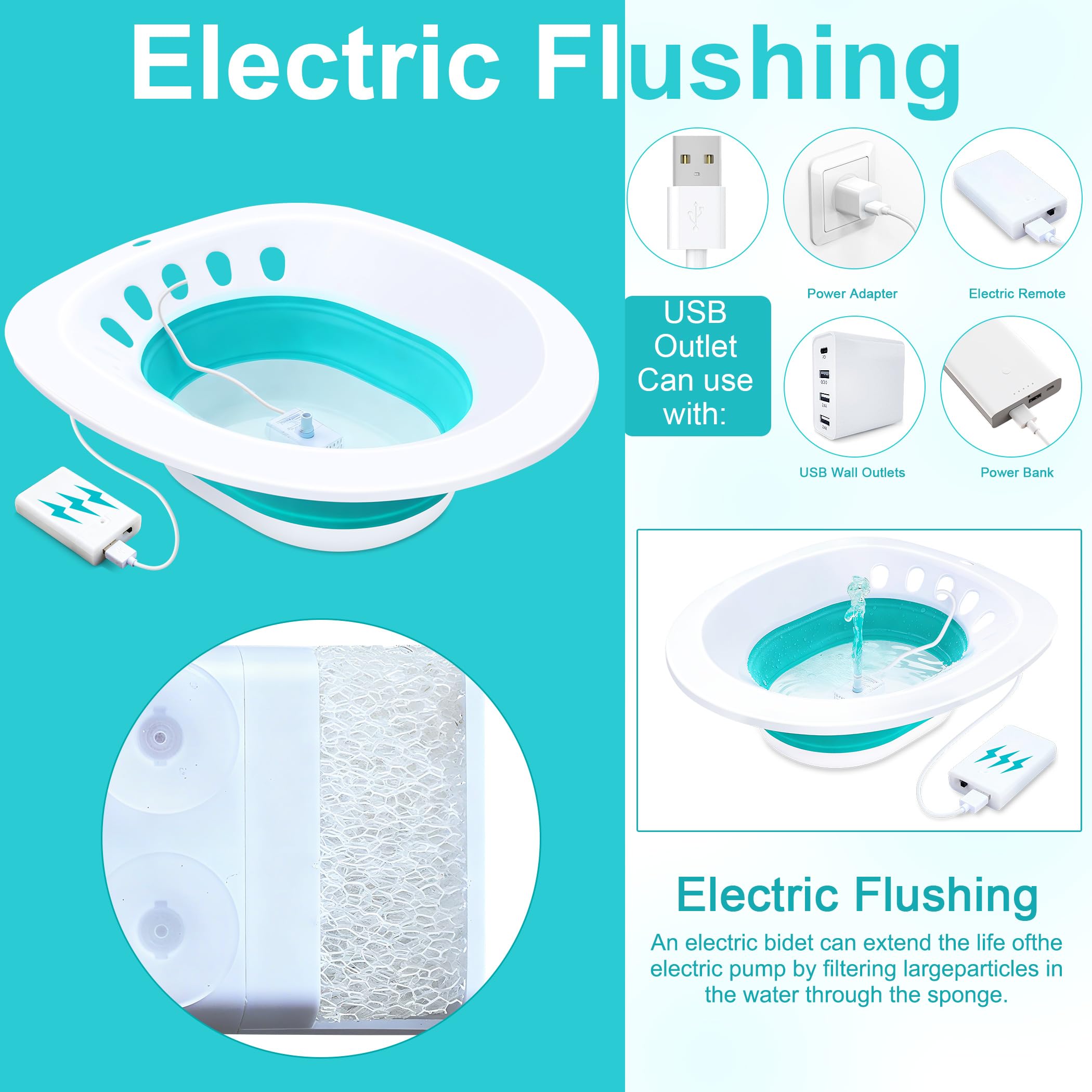 Electric Sitz Bath, Sitz Bath for Hemorrhoids, Sitz Bath for Toilet Seat, Sitz Bath for Postpartum Care, Sits Bath Kit for Women, Automatic Flushing, Foldable, Fits Universal Toilet