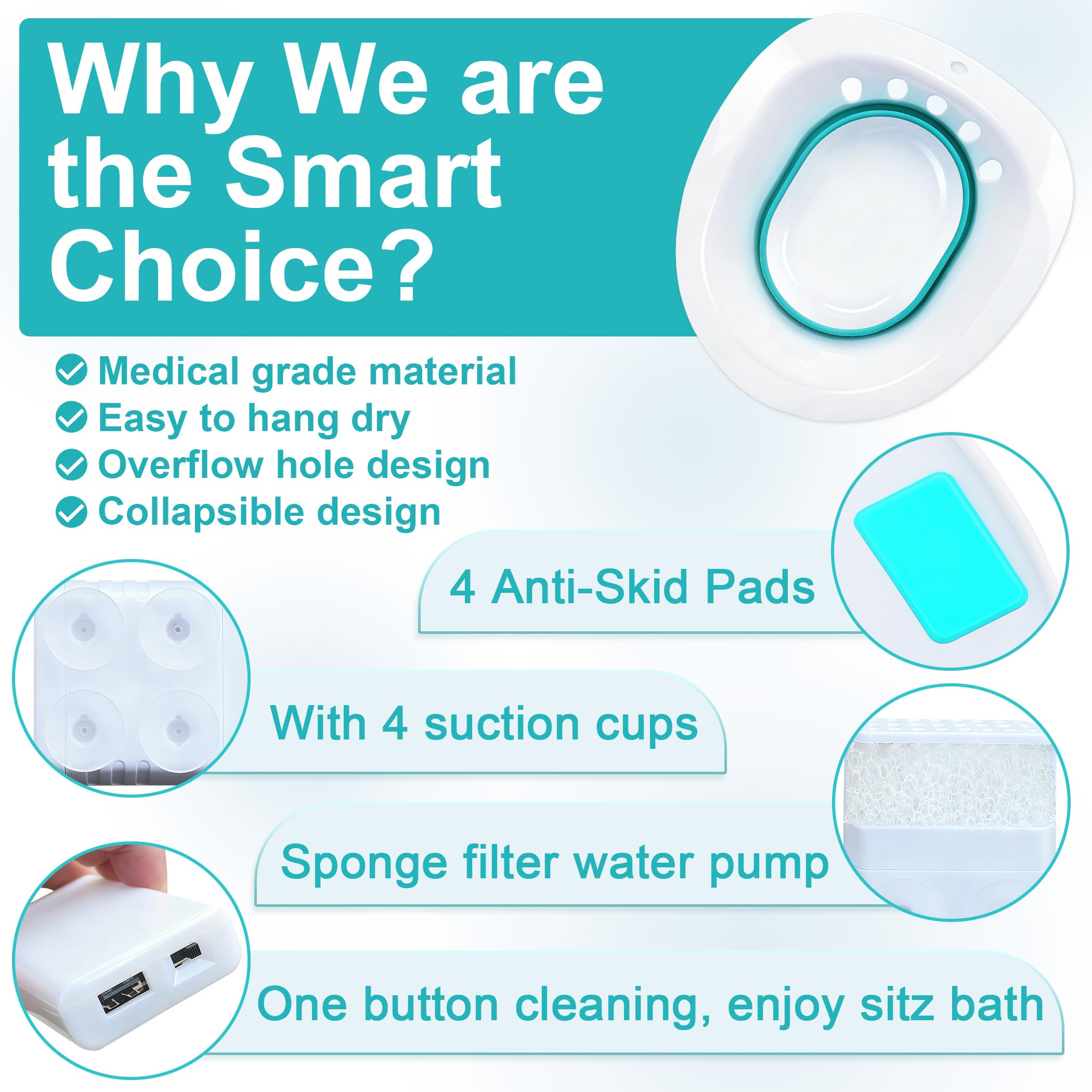 Electric Sitz Bath, Sitz Bath for Hemorrhoids, Sitz Bath for Toilet Seat, Sitz Bath for Postpartum Care, Sits Bath Kit for Women, Automatic Flushing, Foldable, Fits Universal Toilet