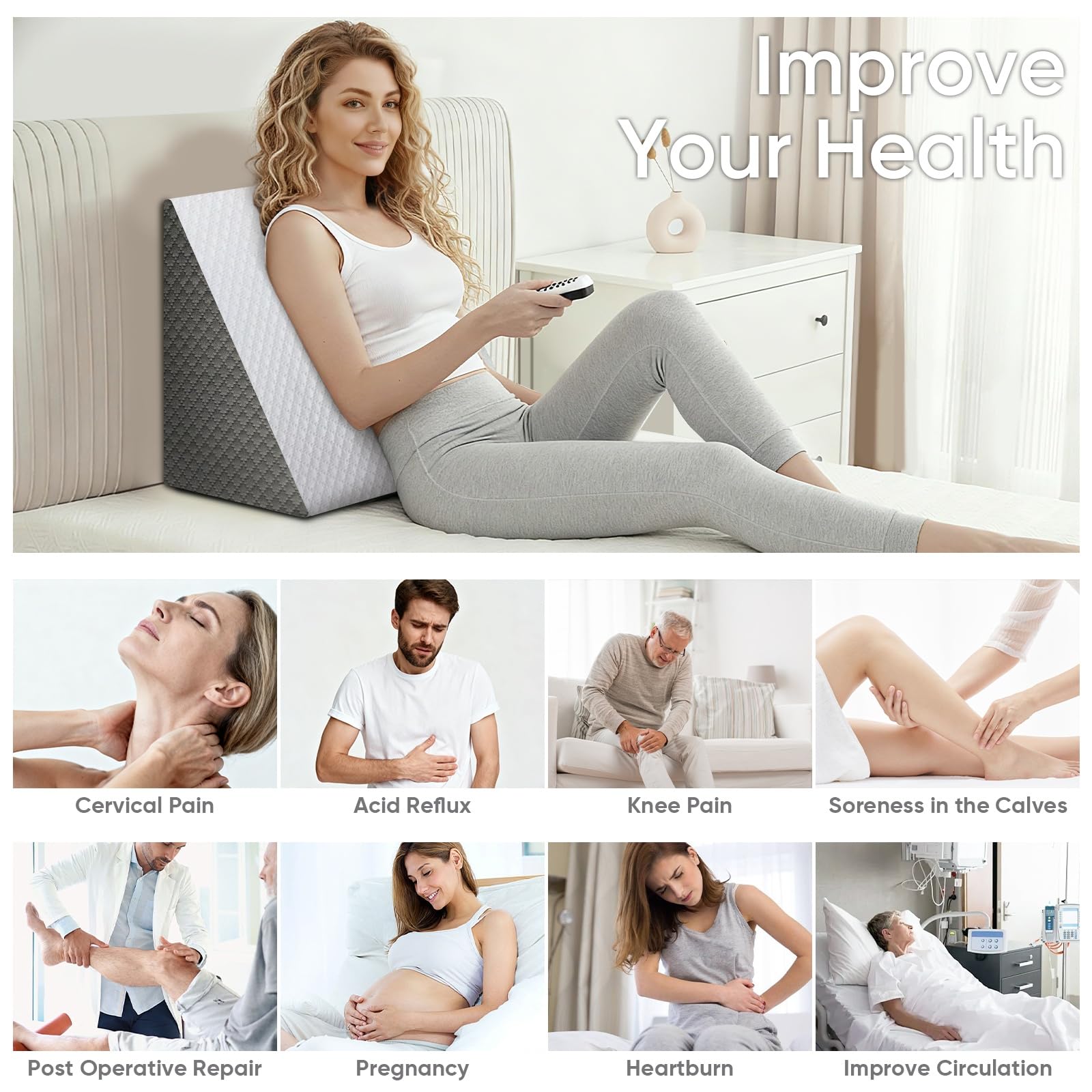 OAISZ Wedge Pillow for Sleep Apnea, Bed Wedge Pillow for Headboard, Headboard Triangle Pillow Wedge for Acid Reflux, After Surgery, Snoring, Cooling Memory Foam Top, Removable Cover, 24x24x12Inch