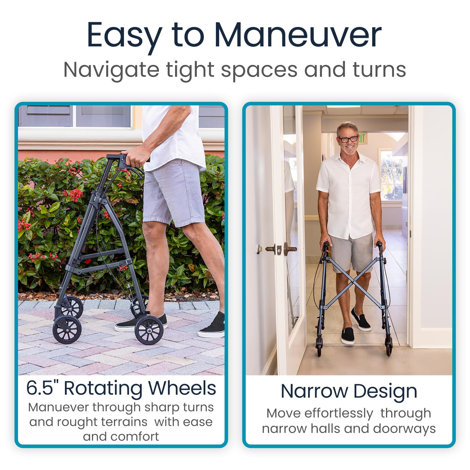 Vive Mobility Lightweight Walker for Seniors - Narrow, Folding Walker w/Wheels for Small & Tight Spaces - Light Weight for Balance, Compact Doorways, Foldable - Portable & Collapsible for Travel