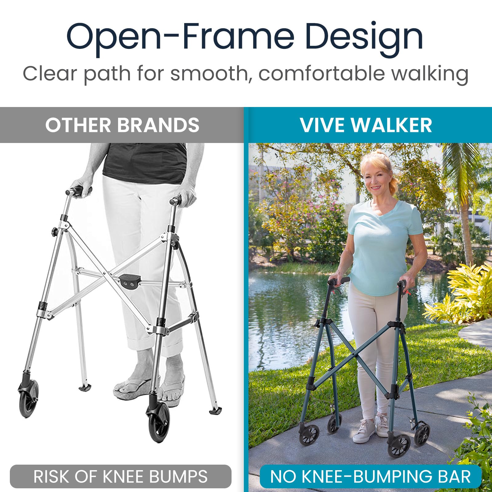 Vive Mobility Lightweight Walker for Seniors - Narrow, Folding Walker w/Wheels for Small & Tight Spaces - Light Weight for Balance, Compact Doorways, Foldable - Portable & Collapsible for Travel