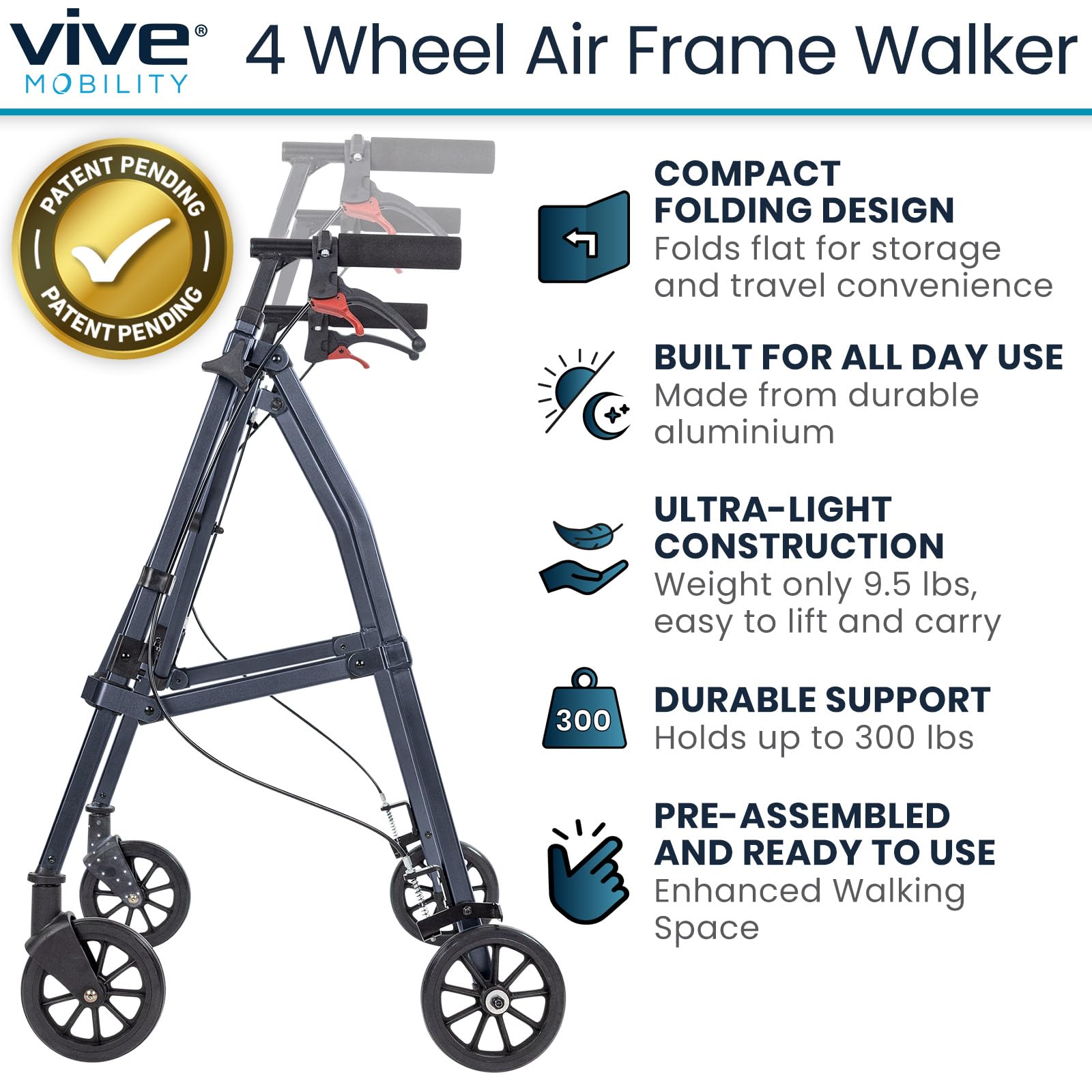 Vive Mobility Lightweight Walker for Seniors - Narrow, Folding Walker w/Wheels for Small & Tight Spaces - Light Weight for Balance, Compact Doorways, Foldable - Portable & Collapsible for Travel