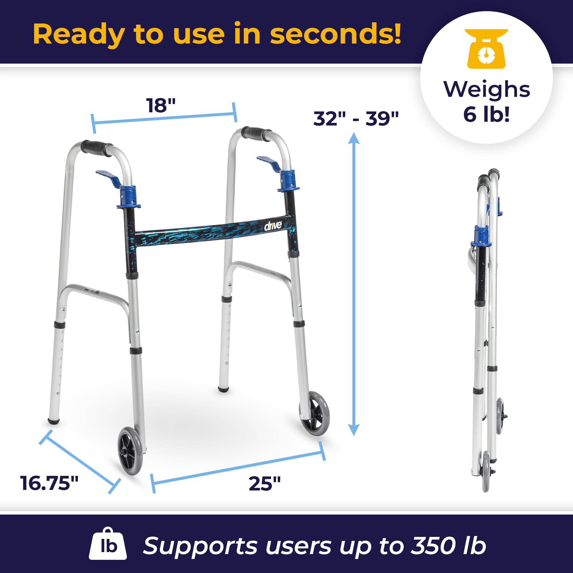 Drive Medical Trigger Release Folding Walker - Lightweight Brushed Steel Design - Easy Trigger Folding Mechanism - 5 Inch Wheels - Contoured Hand Grips - Senior Mobility Aid