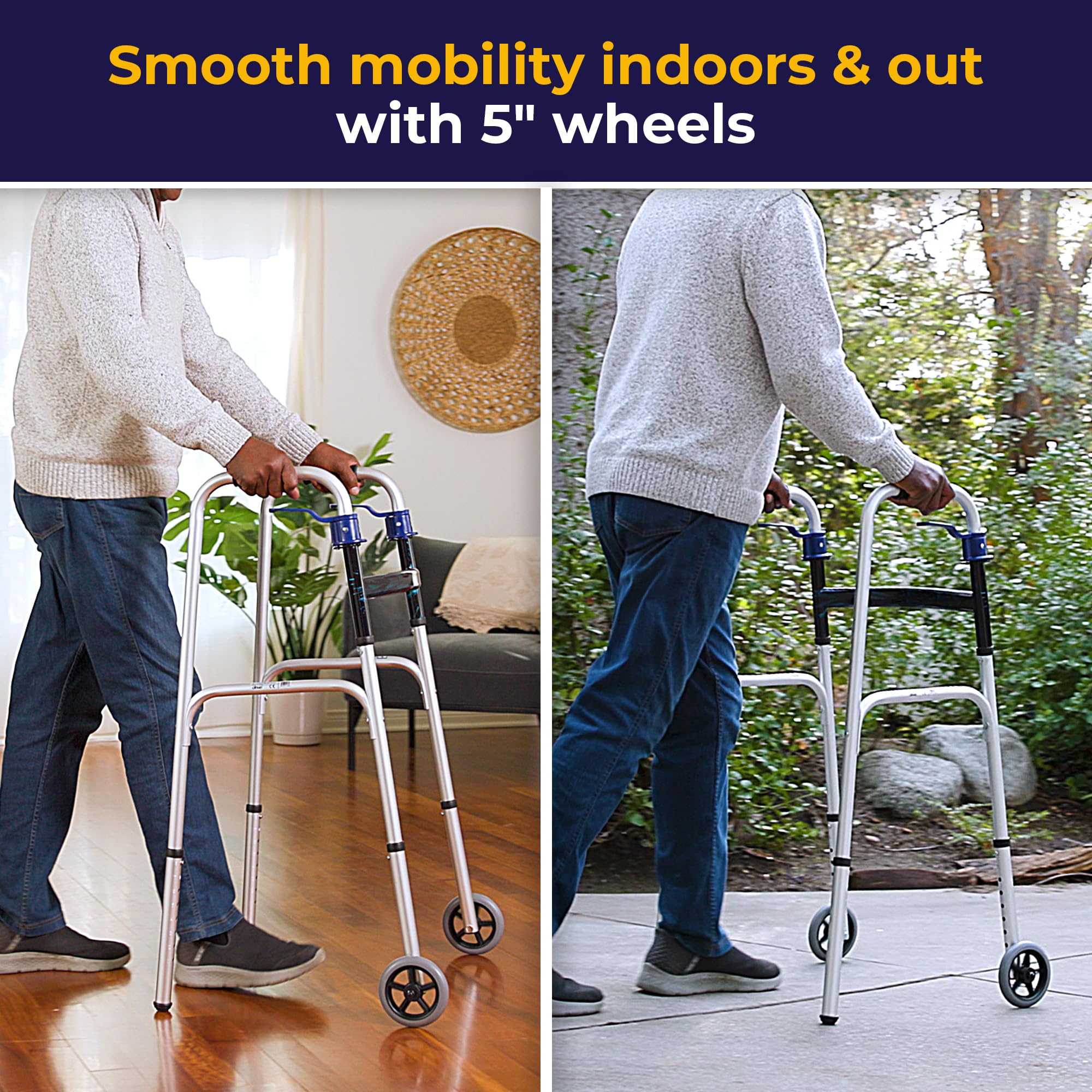 Drive Medical Trigger Release Folding Walker - Lightweight Brushed Steel Design - Easy Trigger Folding Mechanism - 5 Inch Wheels - Contoured Hand Grips - Senior Mobility Aid