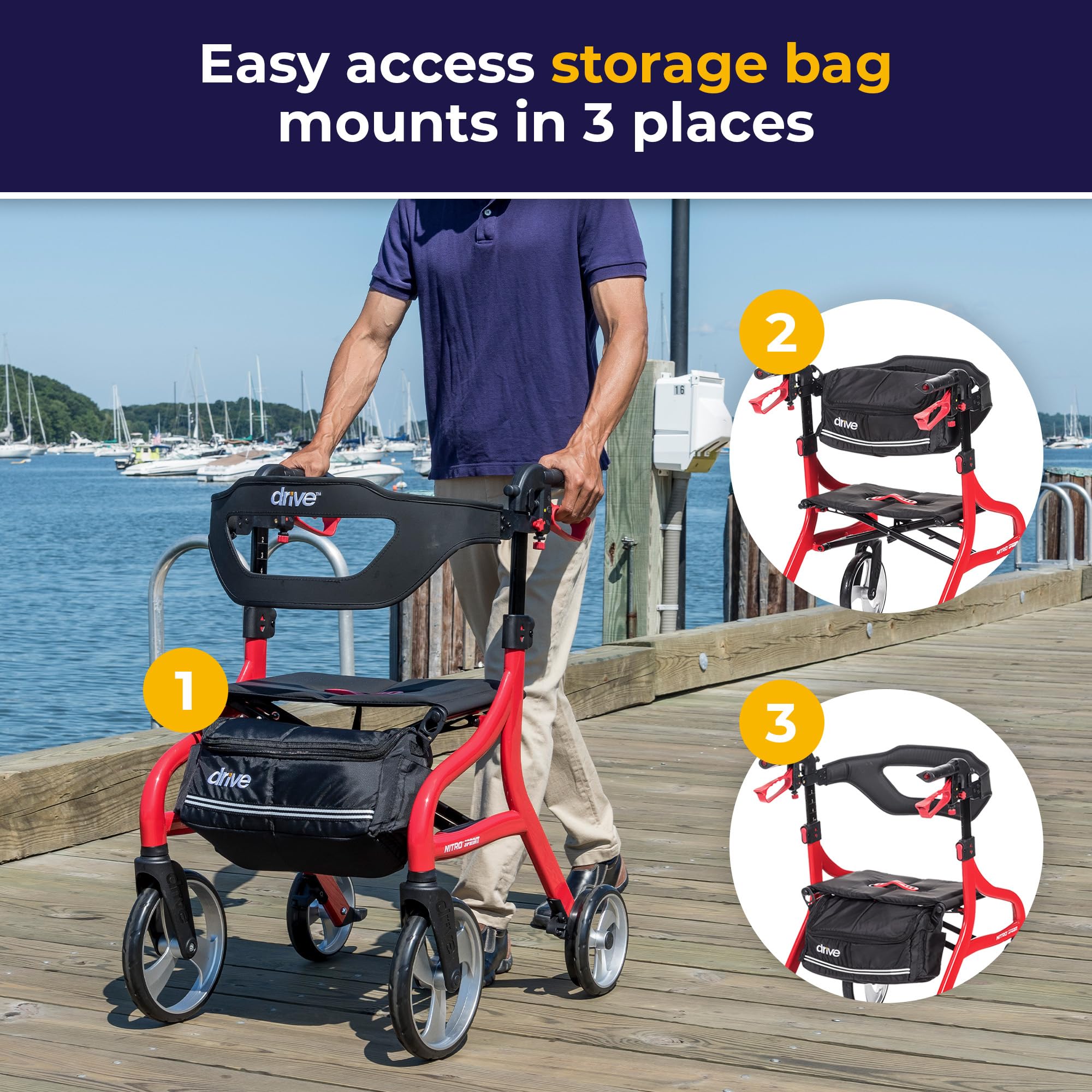 Drive Medical Nitro Sprint Foldable Rollator Walker with Seat - Lightweight Support - Large Wheels - Compact Folding Design - Adjustable Comfort - Standard Size - Red