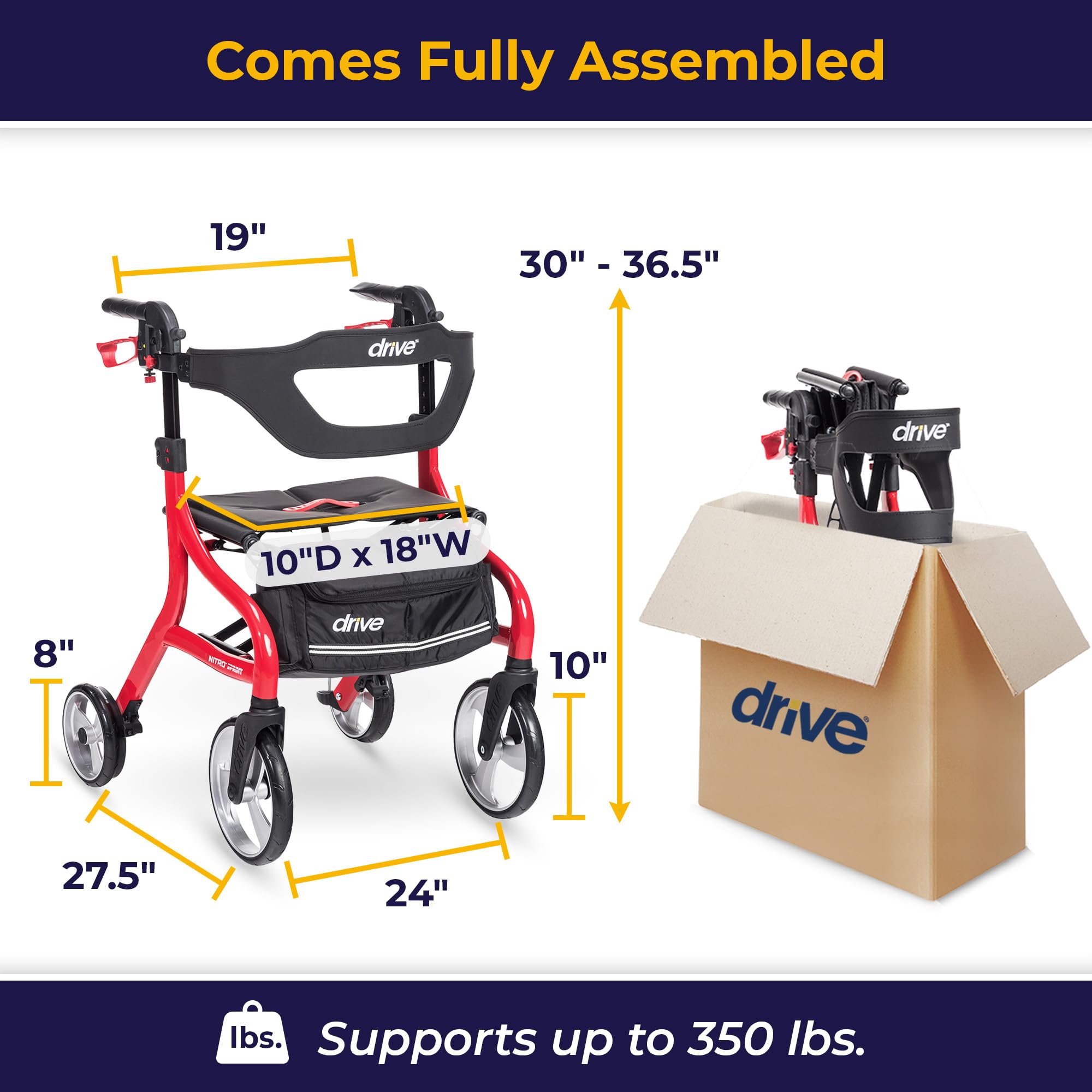 Drive Medical Nitro Sprint Foldable Rollator Walker with Seat - Lightweight Support - Large Wheels - Compact Folding Design - Adjustable Comfort - Standard Size - Red