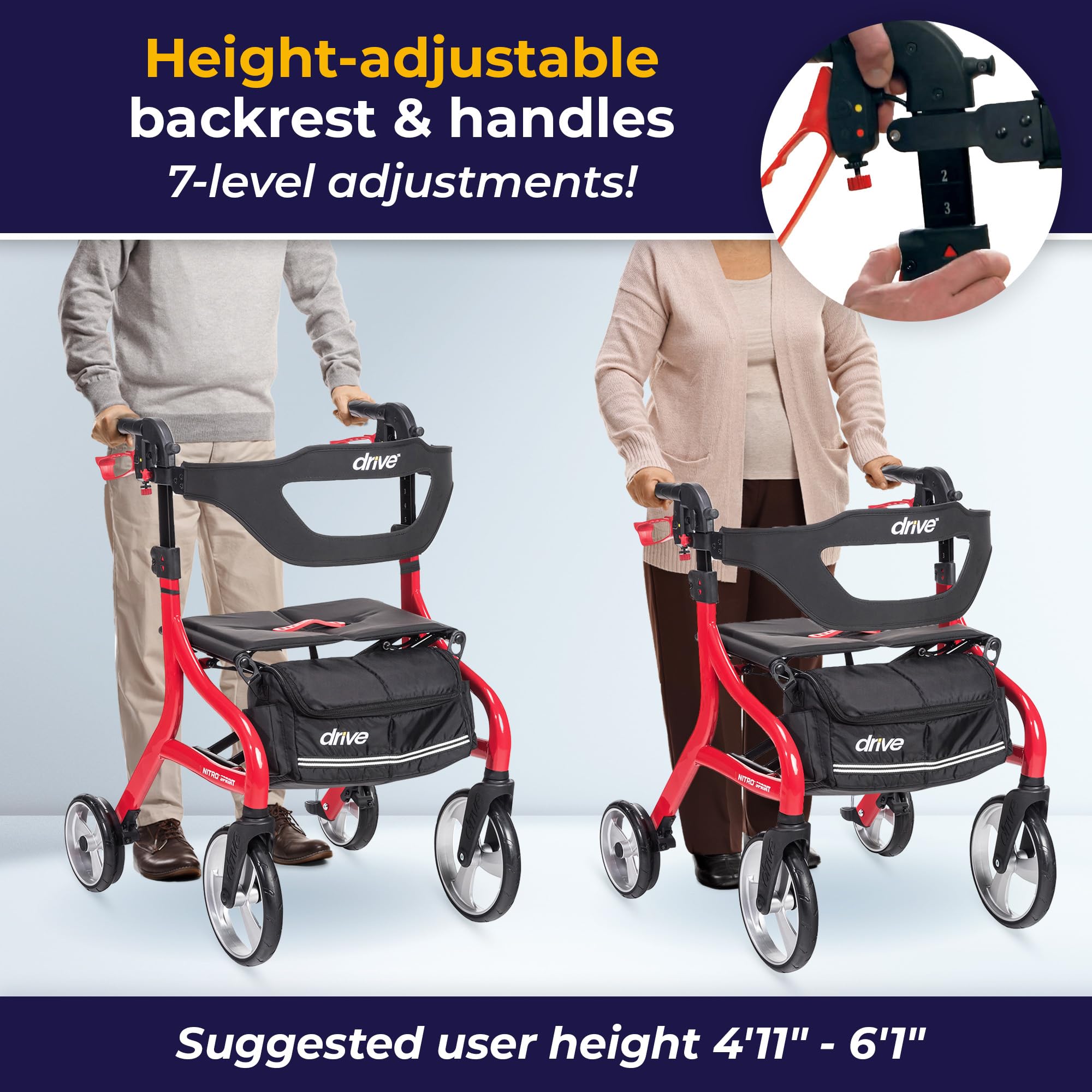 Drive Medical Nitro Sprint Foldable Rollator Walker with Seat - Lightweight Support - Large Wheels - Compact Folding Design - Adjustable Comfort - Standard Size - Red