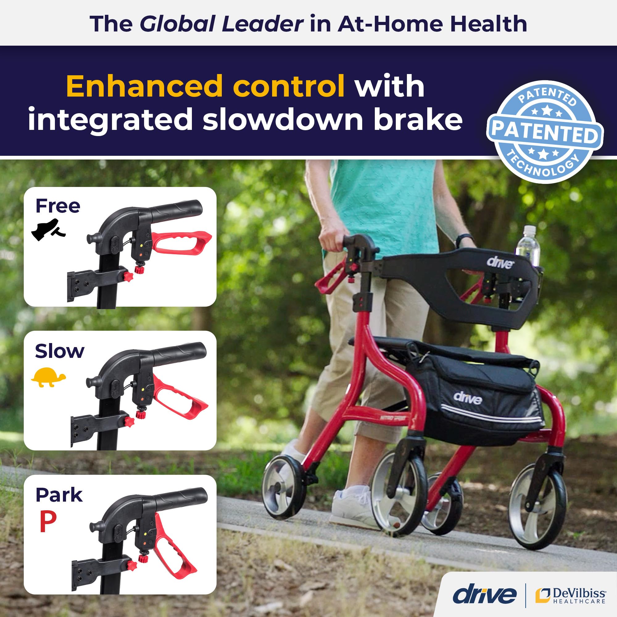 Drive Medical Nitro Sprint Foldable Rollator Walker with Seat - Lightweight Support - Large Wheels - Compact Folding Design - Adjustable Comfort - Standard Size - Red