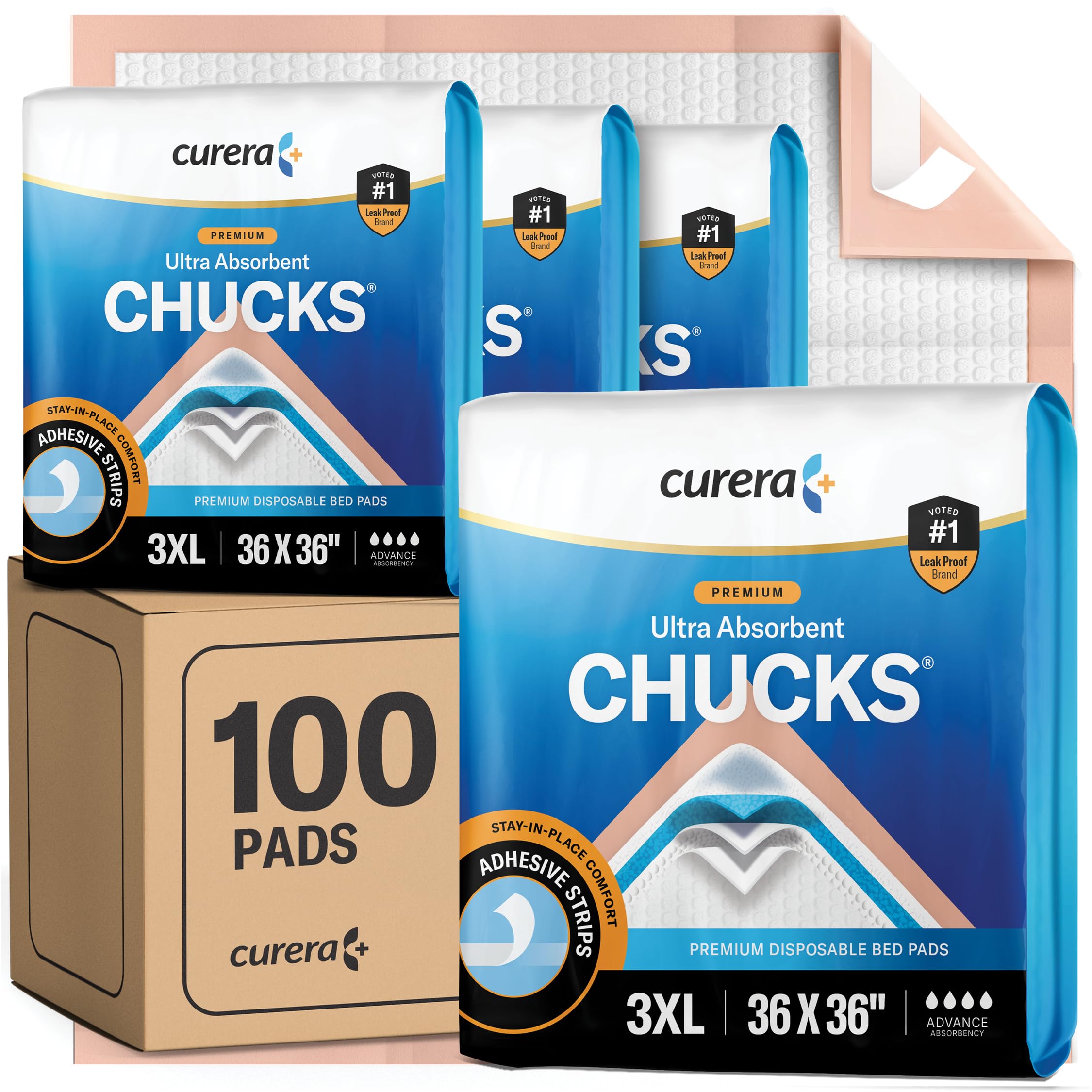 Chucks Premium Disposable Underpads 36”x36” [100-Count] Ultra Absorbent Chux Incontinence Bed Pads Disposable Adult with Adhesive Tape, Pee Pads Pet Training Pads XXXL 36x36 Bulk Pack