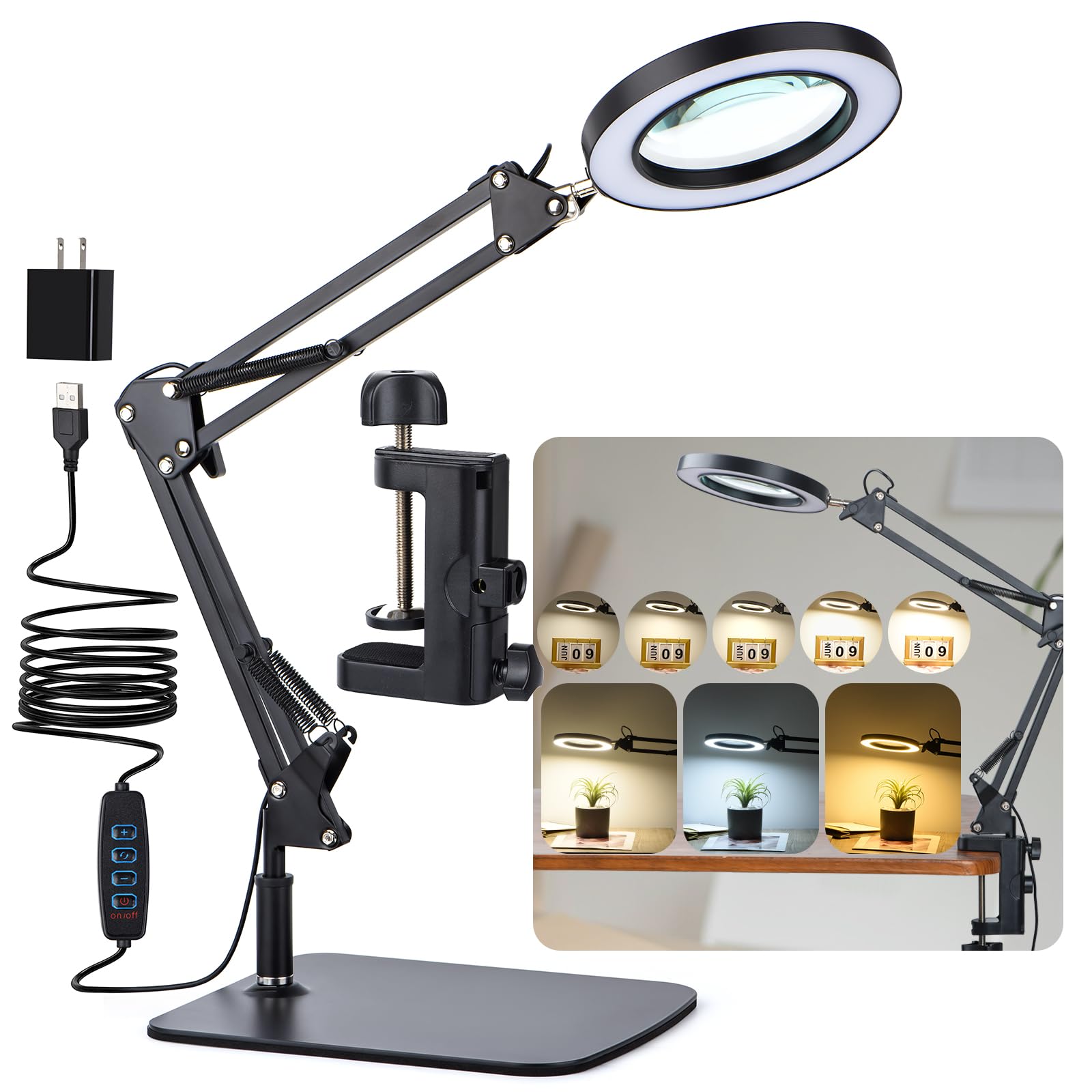LED Magnifier Desk Lamp with Stand and Clamp, 3 Color Modes & Stepless Dimming 5-Diopter Glass Lens, Adjustable Swivel Arm - Magnifying lamp for Close Work, Repair, Crafts, Reading