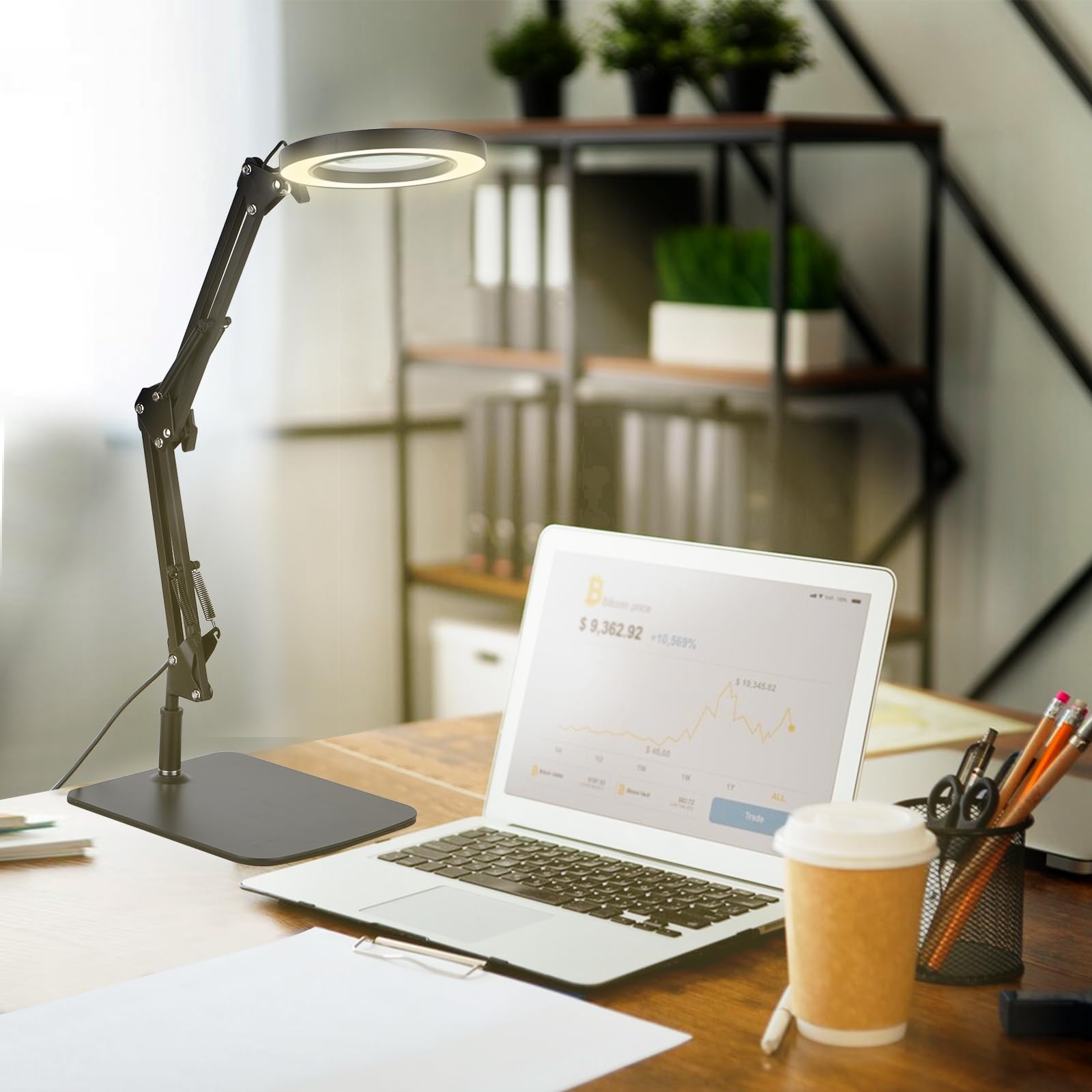 LED Magnifier Desk Lamp with Stand and Clamp, 3 Color Modes & Stepless Dimming 5-Diopter Glass Lens, Adjustable Swivel Arm - Magnifying lamp for Close Work, Repair, Crafts, Reading