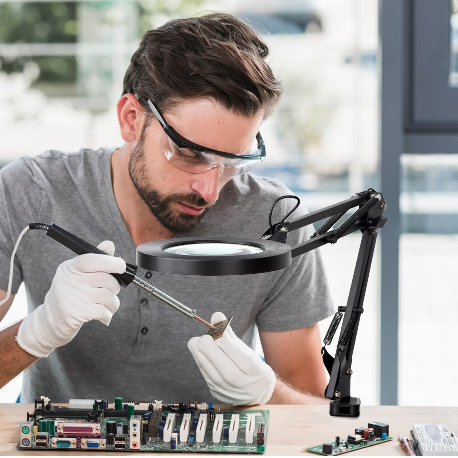 LED Magnifier Desk Lamp with Stand and Clamp, 3 Color Modes & Stepless Dimming 5-Diopter Glass Lens, Adjustable Swivel Arm - Magnifying lamp for Close Work, Repair, Crafts, Reading