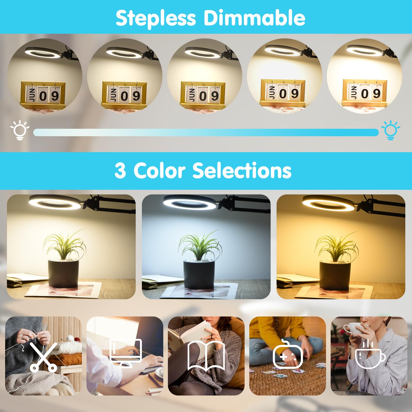 LED Magnifier Desk Lamp with Stand and Clamp, 3 Color Modes & Stepless Dimming 5-Diopter Glass Lens, Adjustable Swivel Arm - Magnifying lamp for Close Work, Repair, Crafts, Reading
