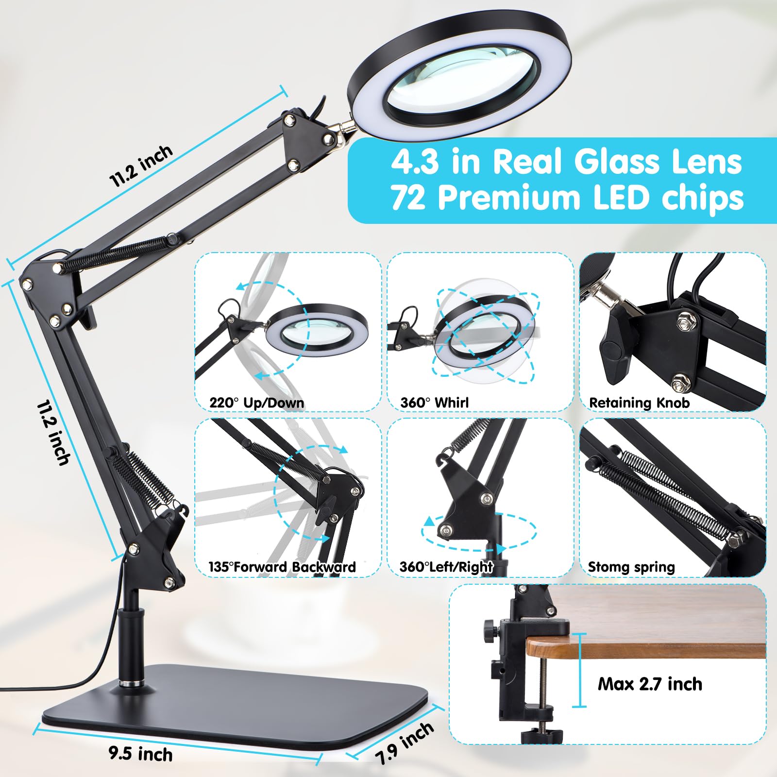 LED Magnifier Desk Lamp with Stand and Clamp, 3 Color Modes & Stepless Dimming 5-Diopter Glass Lens, Adjustable Swivel Arm - Magnifying lamp for Close Work, Repair, Crafts, Reading