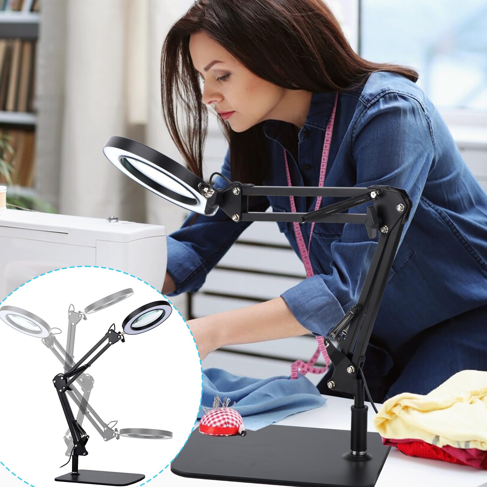 LED Magnifier Desk Lamp with Stand and Clamp, 3 Color Modes & Stepless Dimming 5-Diopter Glass Lens, Adjustable Swivel Arm - Magnifying lamp for Close Work, Repair, Crafts, Reading