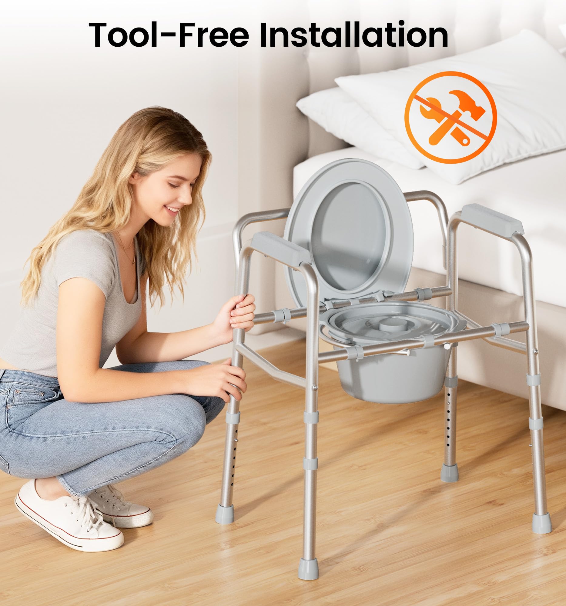 Soundfuse 3 in 1 Bedside Commode Chair, Sturdy Dual-Crossbar Support, 350 Lbs Weight Capacity, Bedside Commode for Seniors with 7.5Qt Bucket, Portable Potty Chair for Adults, Silver