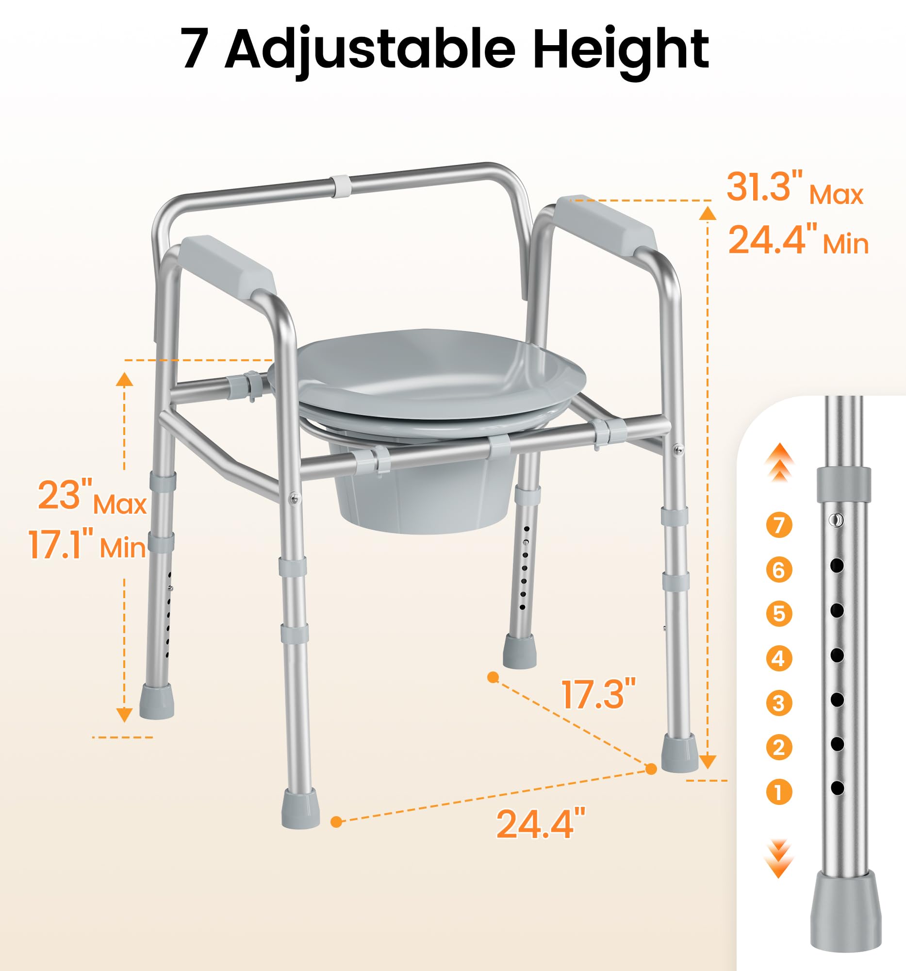 Soundfuse 3 in 1 Bedside Commode Chair, Sturdy Dual-Crossbar Support, 350 Lbs Weight Capacity, Bedside Commode for Seniors with 7.5Qt Bucket, Portable Potty Chair for Adults, Silver