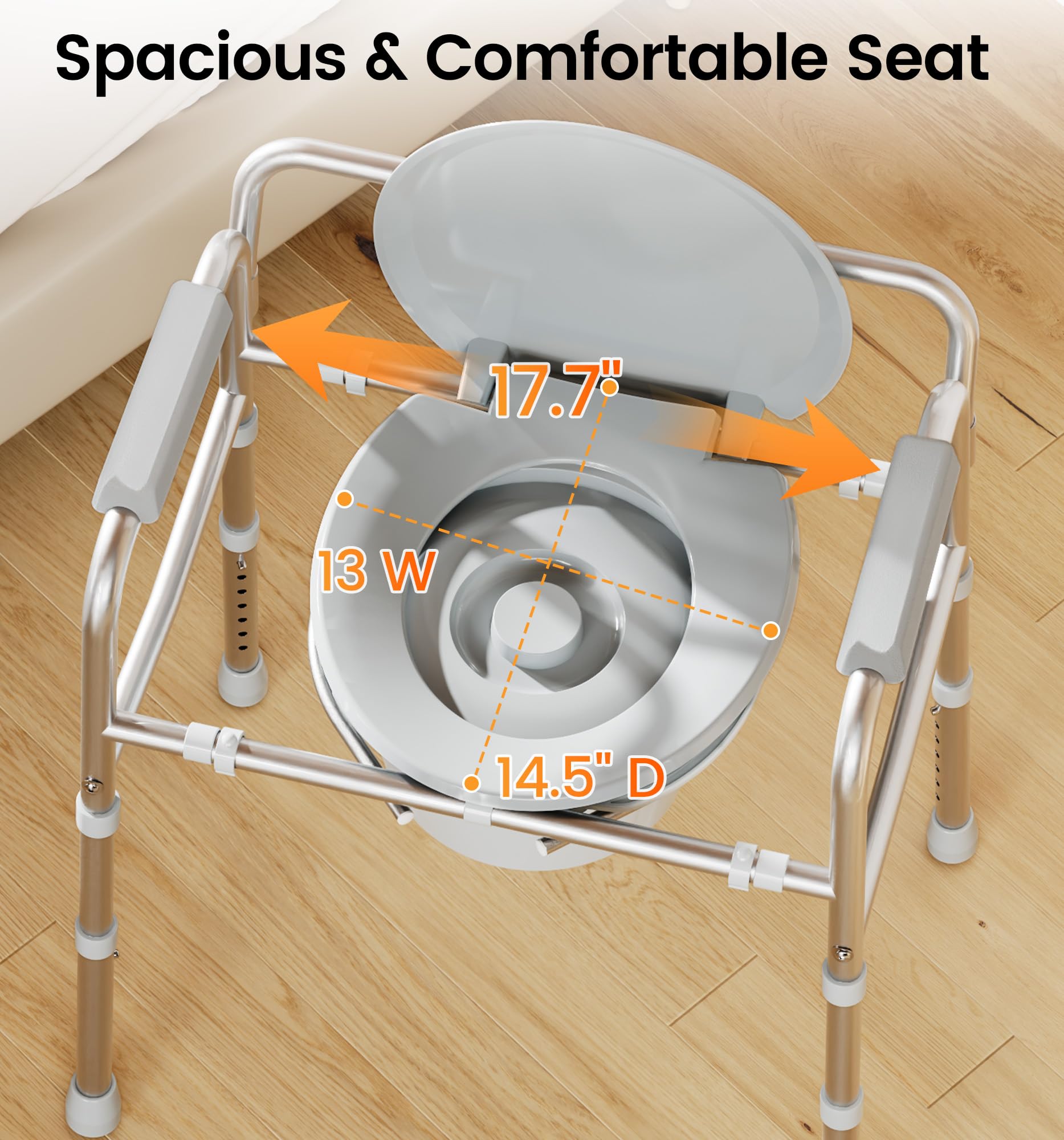 Soundfuse 3 in 1 Bedside Commode Chair, Sturdy Dual-Crossbar Support, 350 Lbs Weight Capacity, Bedside Commode for Seniors with 7.5Qt Bucket, Portable Potty Chair for Adults, Silver