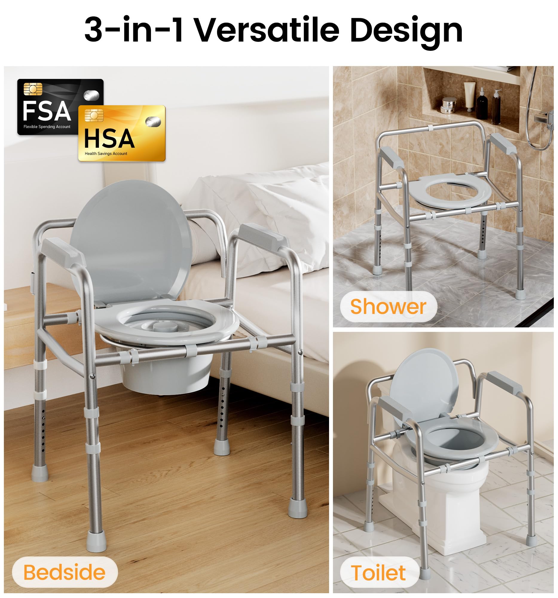 Soundfuse 3 in 1 Bedside Commode Chair, Sturdy Dual-Crossbar Support, 350 Lbs Weight Capacity, Bedside Commode for Seniors with 7.5Qt Bucket, Portable Potty Chair for Adults, Silver