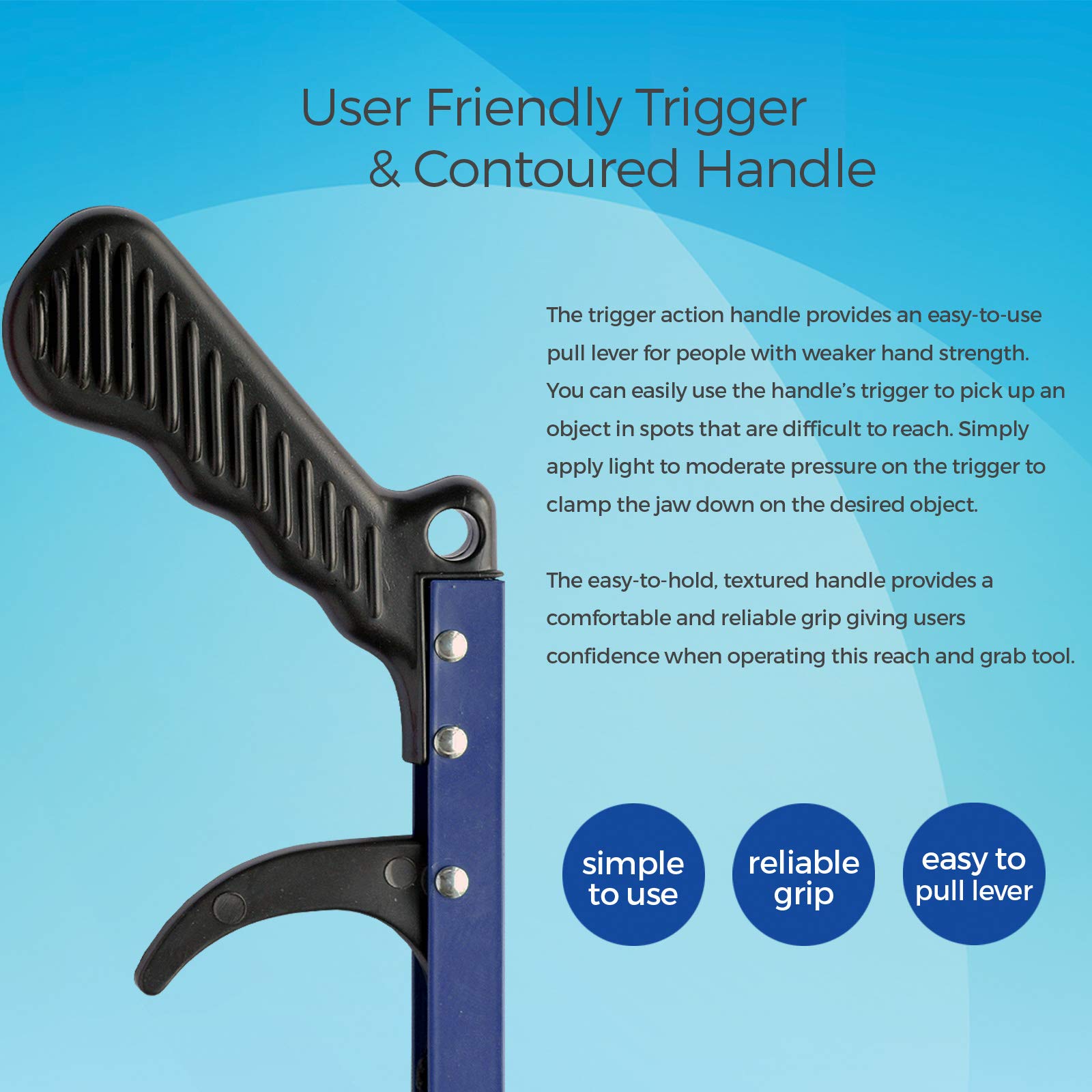 Sammons Preston Reacher, Blue, 26 Inch, Grabber Reacher Tool, Lightweight Trash Picker Grabber & Garden Nabber, Handy Aluminum Picker Up Tool & Reaching Claw, Portable Reaching Assist & Dressing Tool