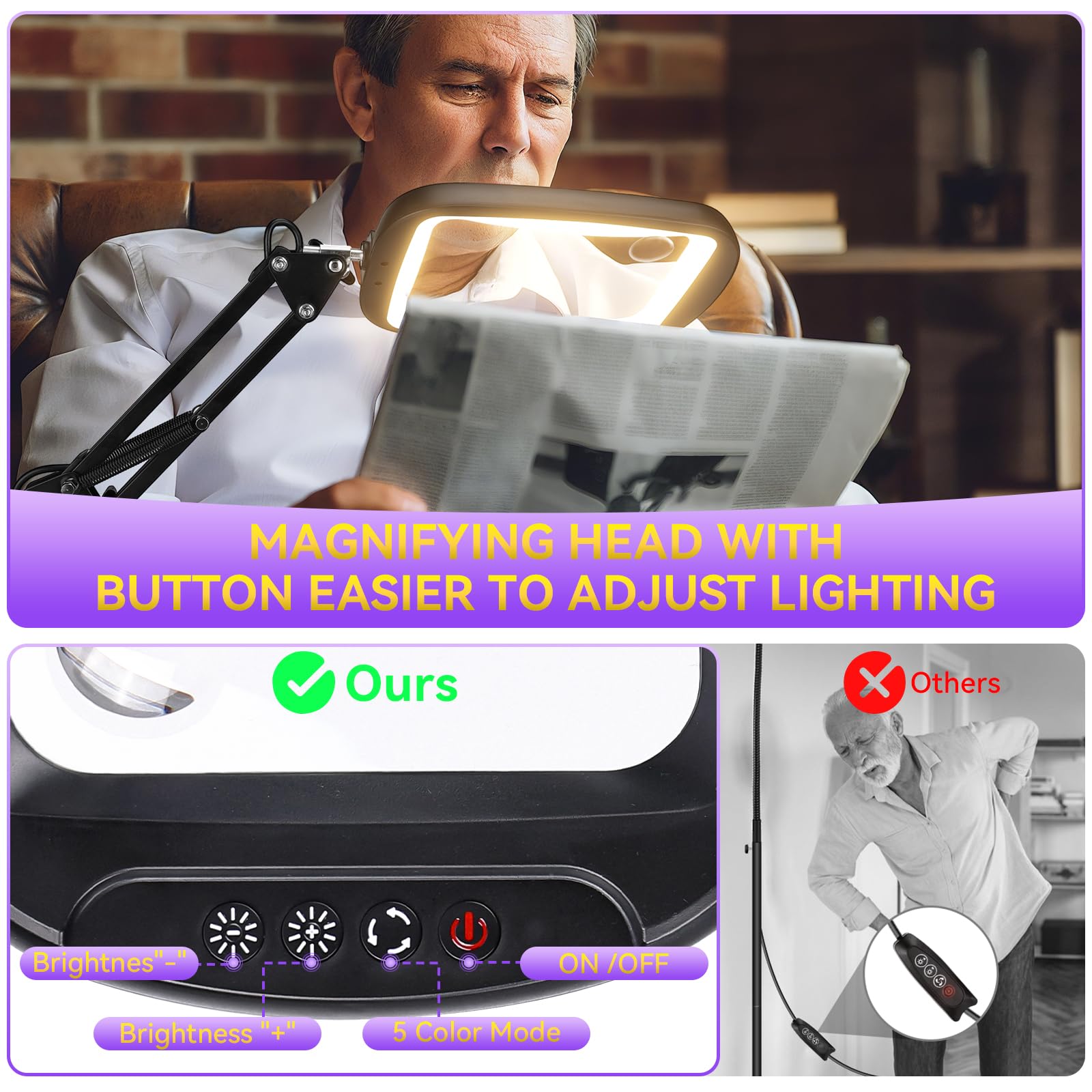 30X 10X Extra Large Floor Magnifying Glass with Light and Stand,7-inch Adjustable Height Floor Magnifying Lamp,2 in 1 Lighted Magnifiers for Close Work, Sewing,Crafts,Hobbies,Reading,Black