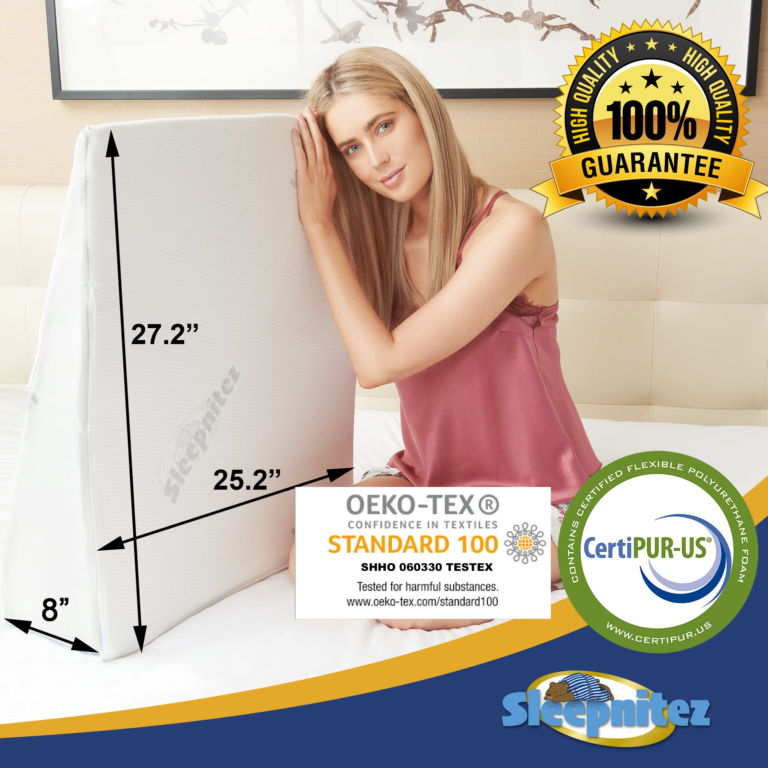 Sleepnitez Fsa Eligible 8" Bed Wedge Pillow – Memory Foam Wedge for Sleeping, Acid Reflux Pillow for Snoring, GERD, Pregnancy, Sleep Apnea, Reading – Luxurious 3.25" Memory Foam Top Layer