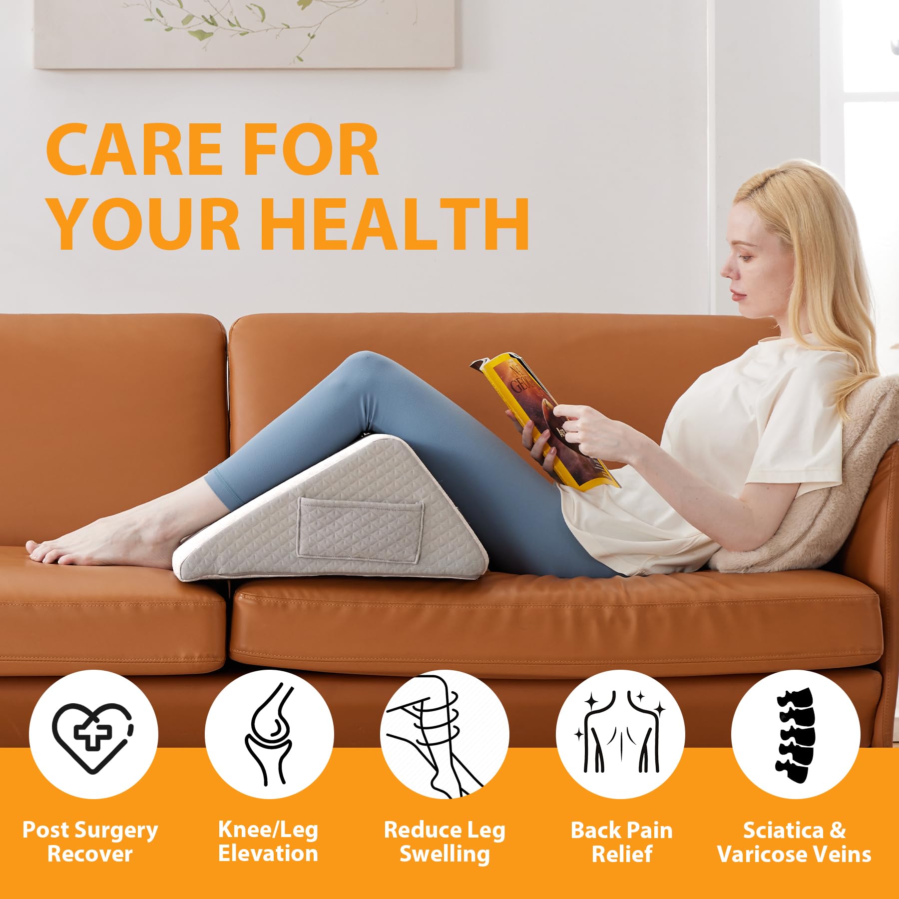 Ruqmuis Knee Pillow for Back Sleeping, 8” Knee Wedge Pillow to Elevate Knee, Leg Pillow for Back Pain Relief, Triangle Pillow, Leg Elevation Pillows for After Surgery, Blood Circulation, White/Grey