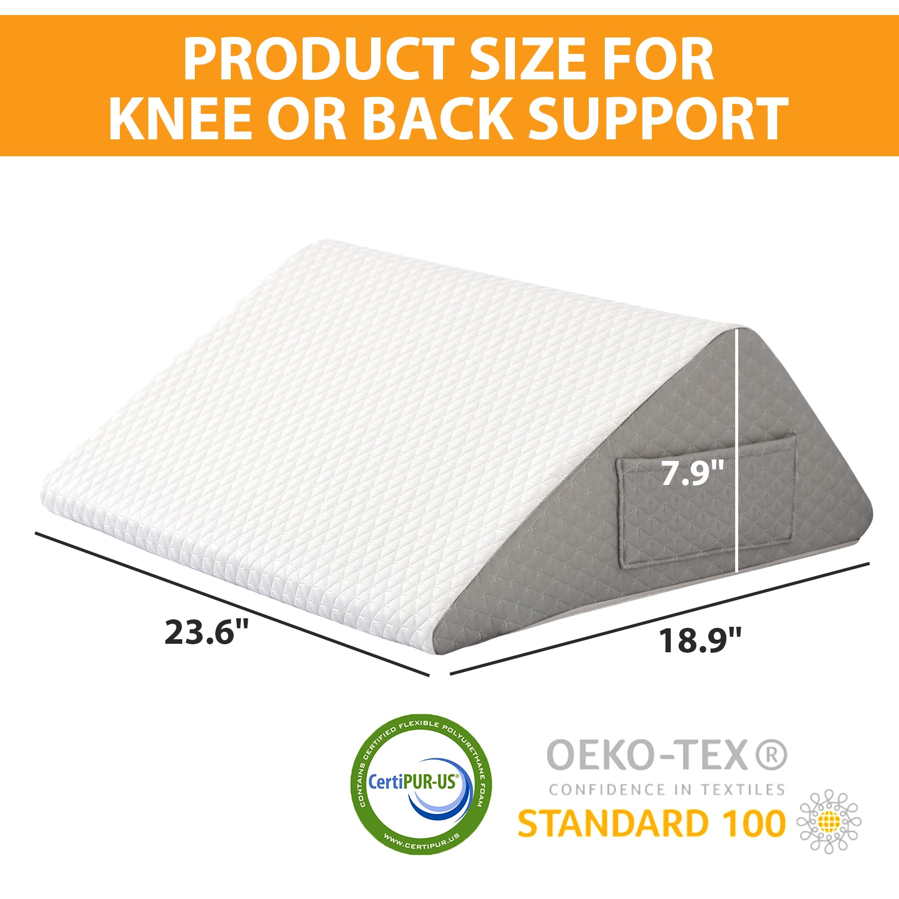 Ruqmuis Knee Pillow for Back Sleeping, 8” Knee Wedge Pillow to Elevate Knee, Leg Pillow for Back Pain Relief, Triangle Pillow, Leg Elevation Pillows for After Surgery, Blood Circulation, White/Grey