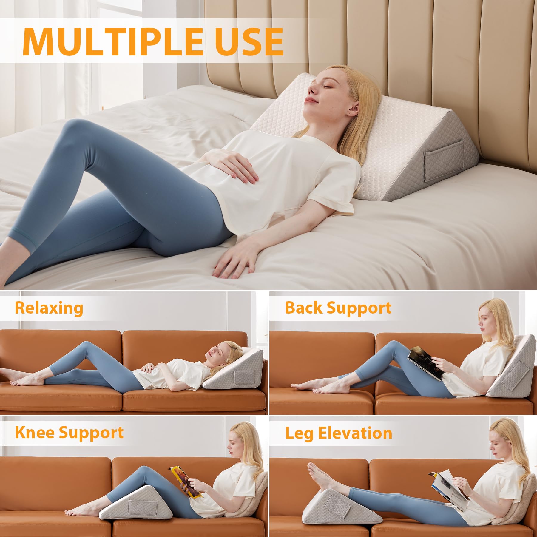 Ruqmuis Knee Pillow for Back Sleeping, 8” Knee Wedge Pillow to Elevate Knee, Leg Pillow for Back Pain Relief, Triangle Pillow, Leg Elevation Pillows for After Surgery, Blood Circulation, White/Grey
