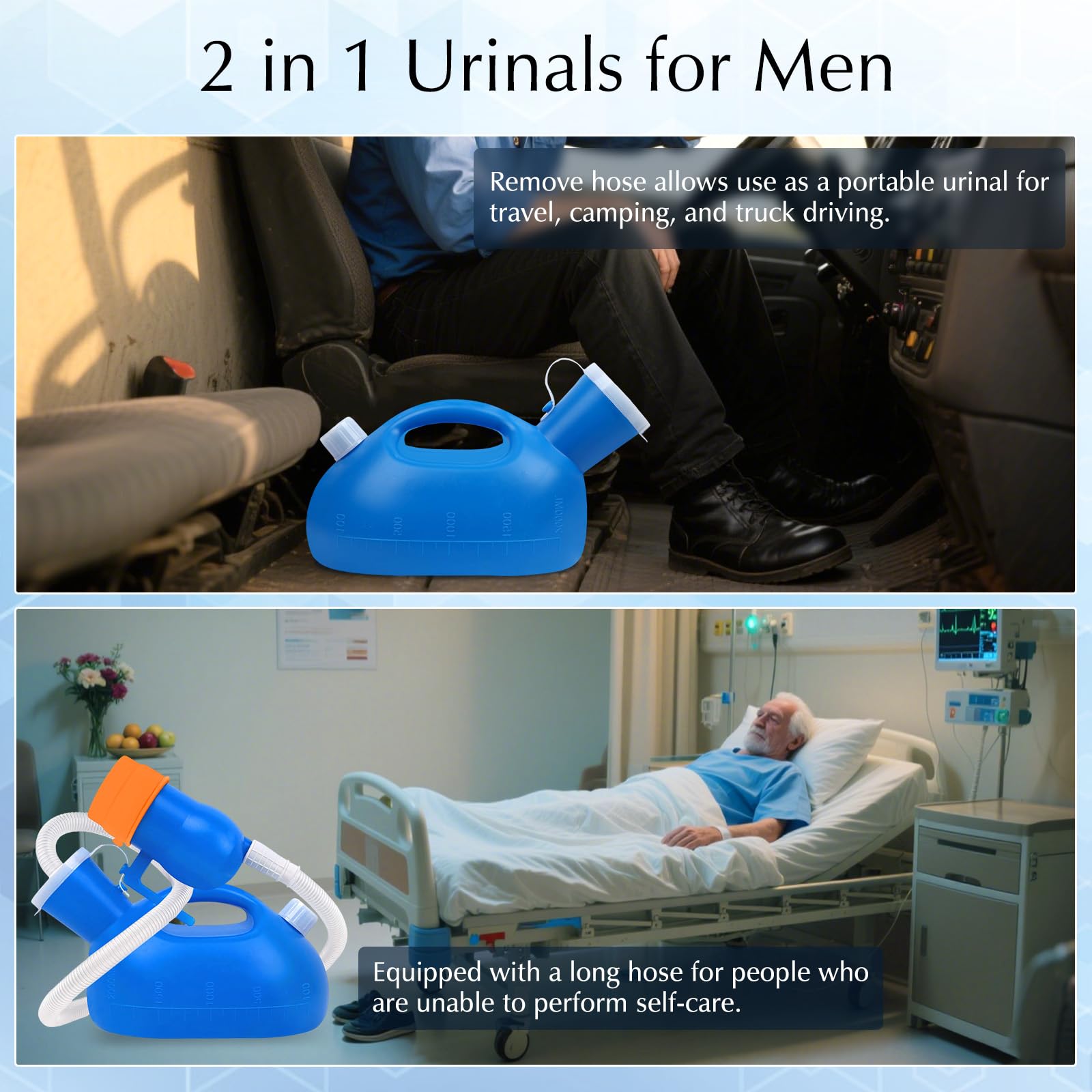 Portable Urinals for Men Spill Proof, OOCOME Upgrade Male Urinal Bottle Spill Proof for Seniors, Bedside Urinal with Soft Funnel & Long Hose, for Hospital Wheelchair Bedridden Car and Travel Use