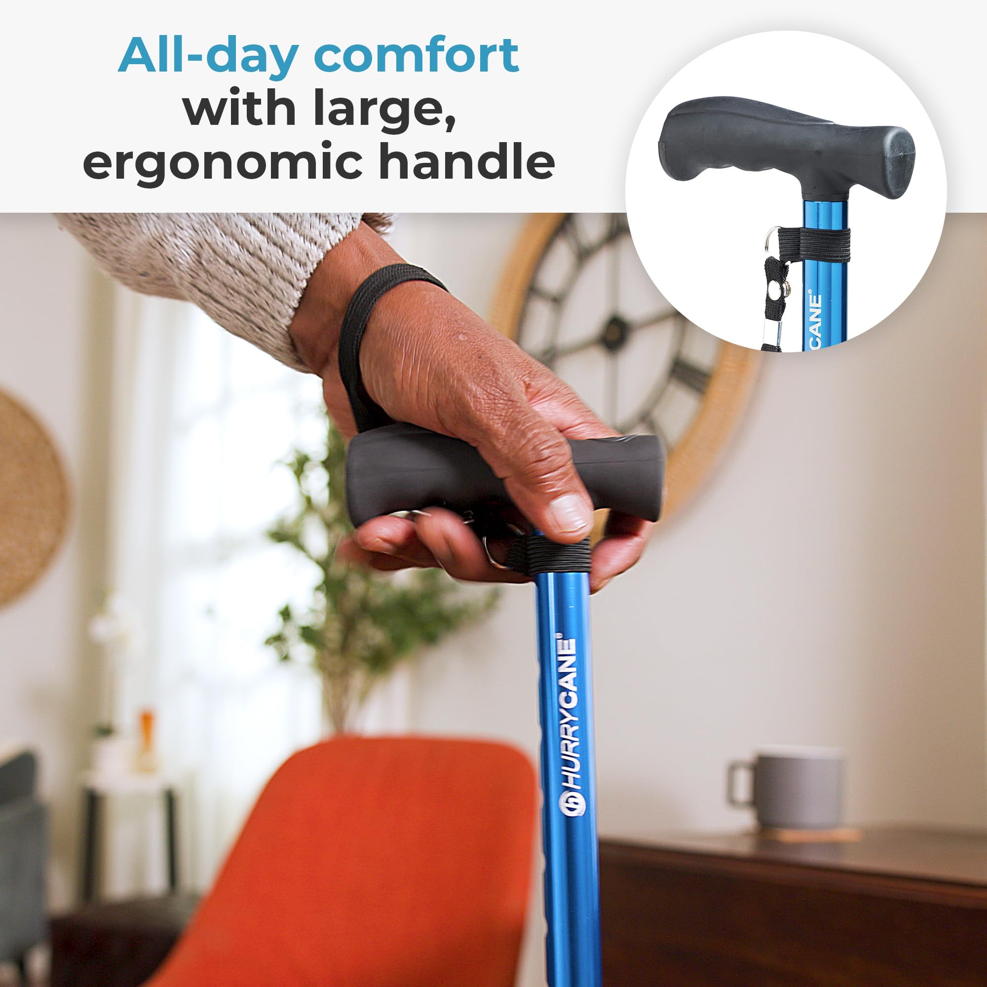 HurryCane Freedom Edition Foldable Walking Cane With T Handle - Enhanced Mobility Support - Patented SteadiGrip Base - Adjustable Height - Lightweight Foldable Design - Blue