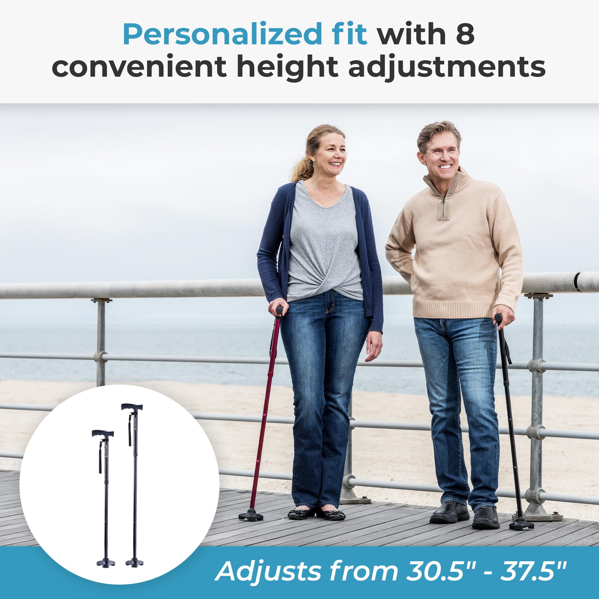 HurryCane Freedom Edition Foldable Walking Cane With T Handle - Enhanced Mobility Support - Patented SteadiGrip Base - Adjustable Height - Lightweight Foldable Design - Blue