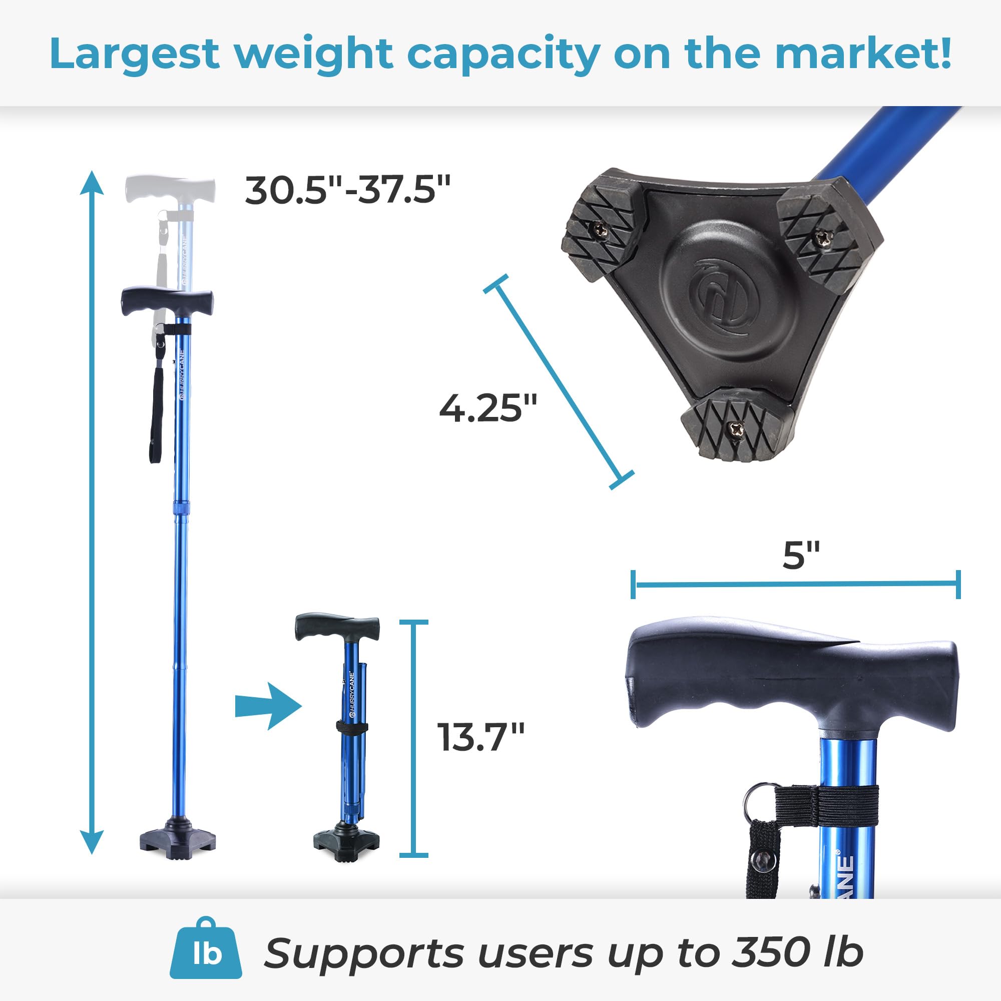 HurryCane Freedom Edition Foldable Walking Cane With T Handle - Enhanced Mobility Support - Patented SteadiGrip Base - Adjustable Height - Lightweight Foldable Design - Blue