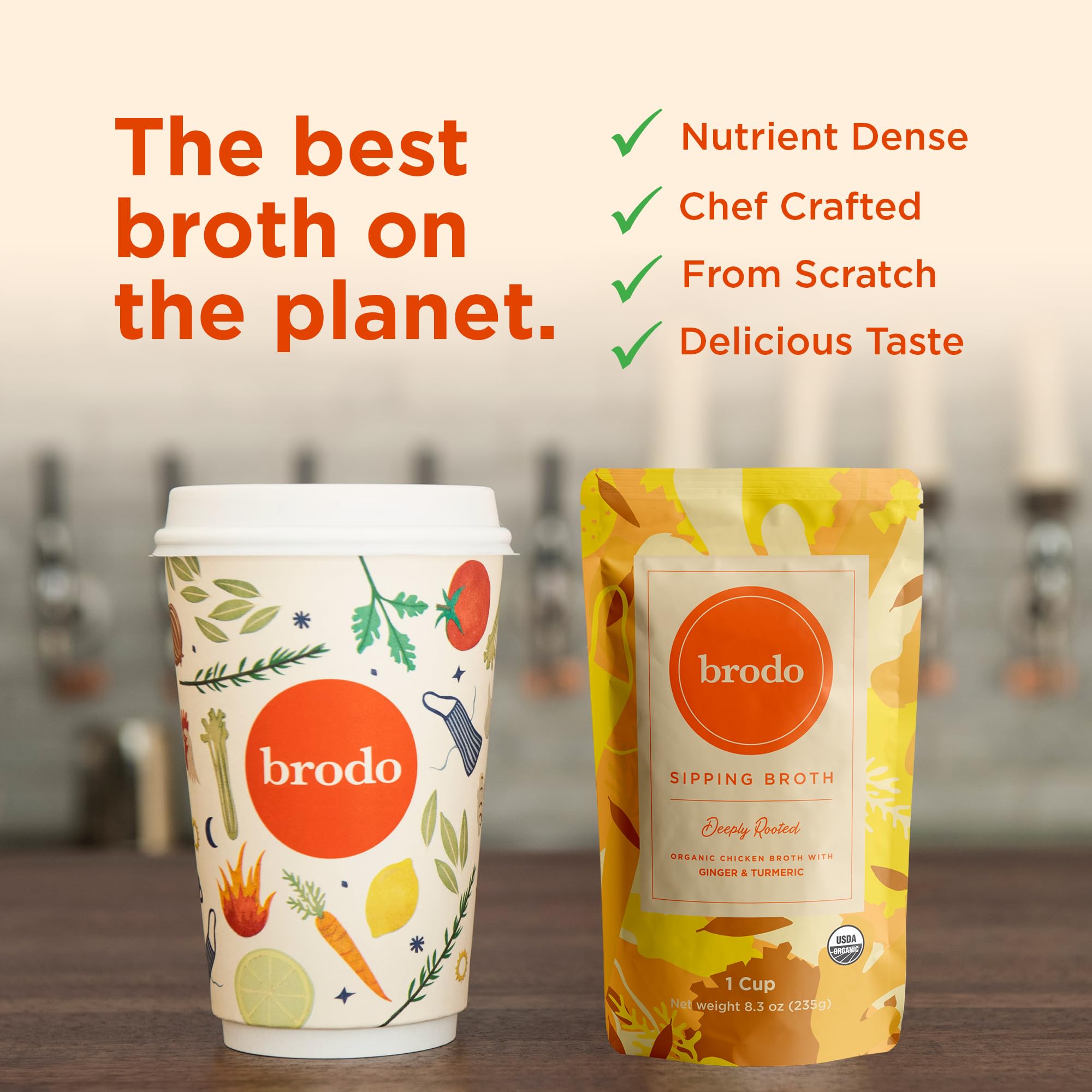 Brodo Deeply Rooted Organic Chicken Broth with Turmeric & Ginger, Nutrient-Rich Chicken Bone Broth Organic, High in Protein and Collagen for Wellness and Cooking, (6x 8.3 oz. Pouches)