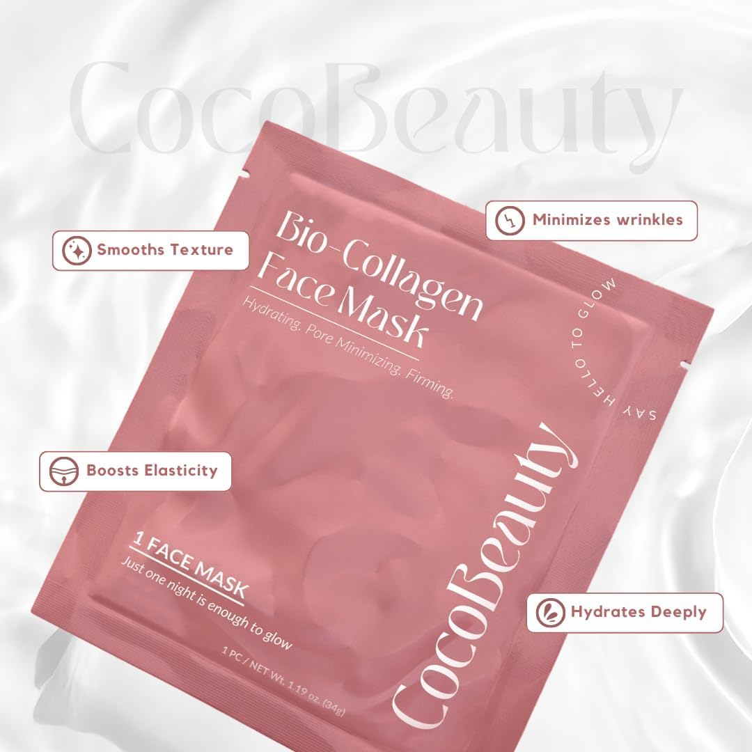 COCOBEAUTY Collagen Sheet Mask – Hydrating Korean Face Mask for Fine Lines & Anti-Aging, Deep Moisture, Radiant Skin Boost, Bio-Collagen Facial Masks (16 Pack)