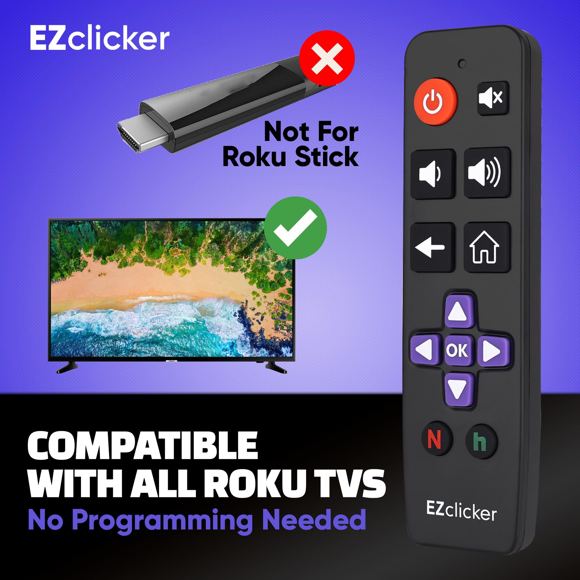 Roku Replacement TV Remote Compatible with Roku TV's ONLY (Black) Big Button TV Remote Control, Simple and Easy to Use, NOT Compatible with Roku Stick or Box (2xAAA Batteries not Included)
