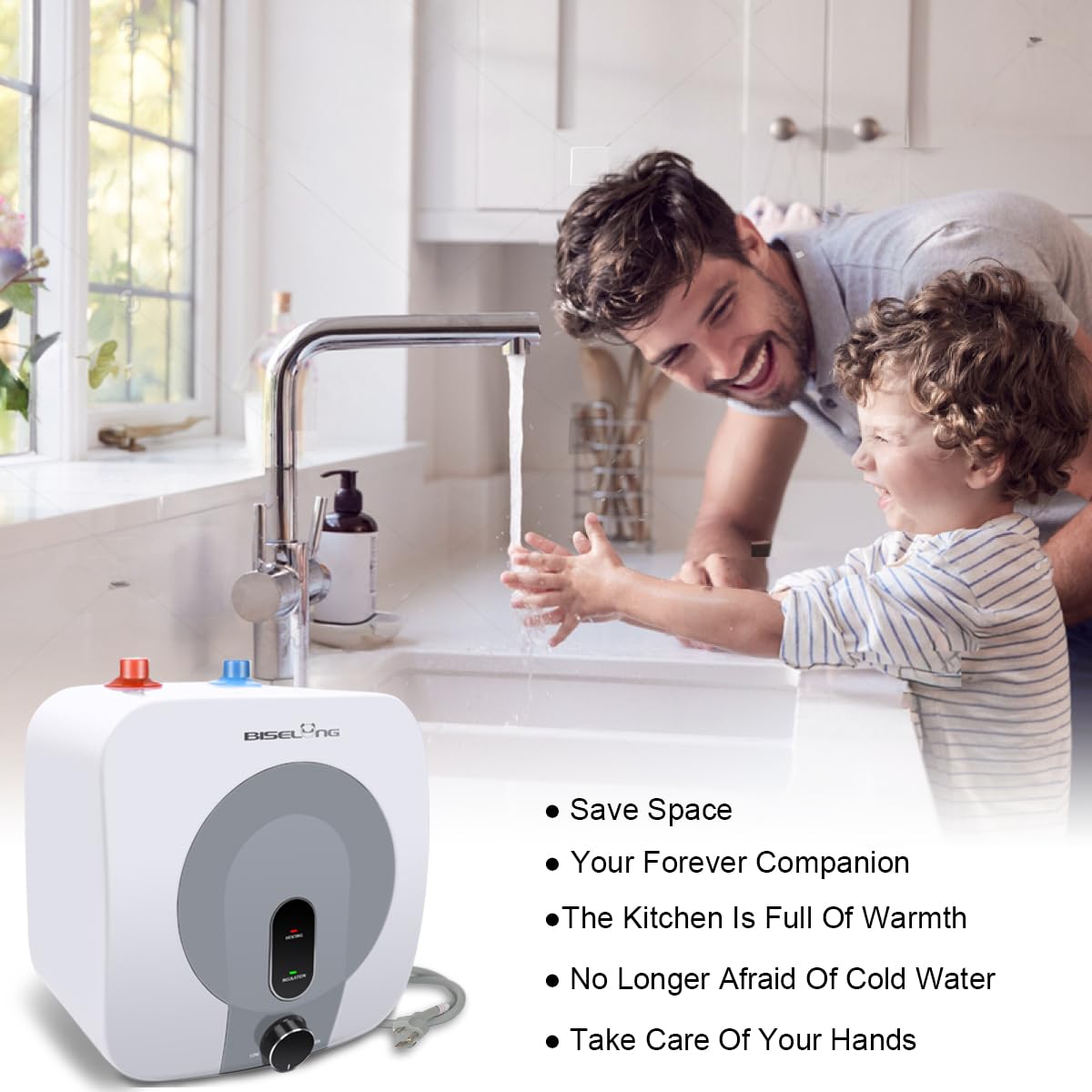 110V-120V 1440-1500W Small Under Sink Tank 2.5 Gallon Water Heater Hot Storage,Mini Instant Electric RV TR Trailer Kitchen Compact,Food Truck 2 PCs 16” Long 1/2”FIP Stainless Steel Hose (BI-2.5)