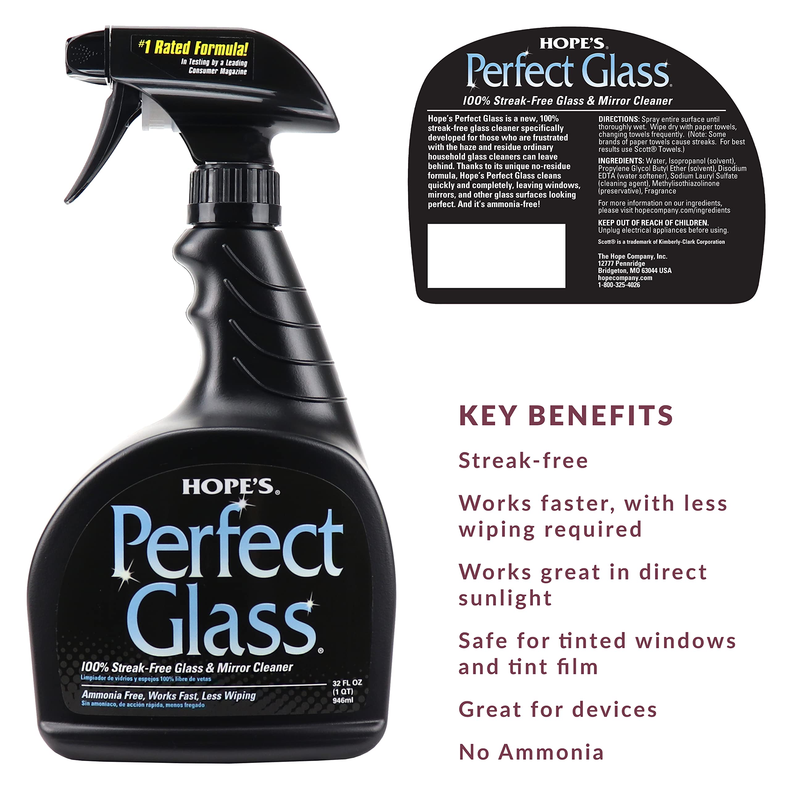 HOPE'S Perfect Glass Cleaner, Streak-Free, Ammonia-Free Window, Mirror, Screen, and Shower Door Cleaner, Indoor and Outdoor Glass Surfaces, 32 Fl Oz Spray Bottle and 67.6 Fl Oz Refill, Pack of 1